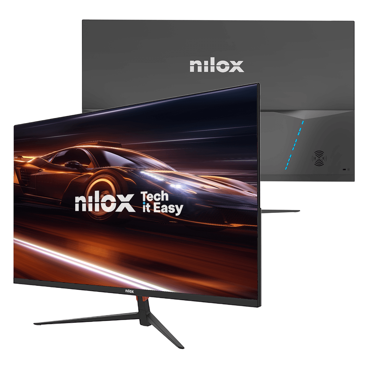 Un monitor muestra un coche deportivo. Se ve la parte trasera de otro monitor.