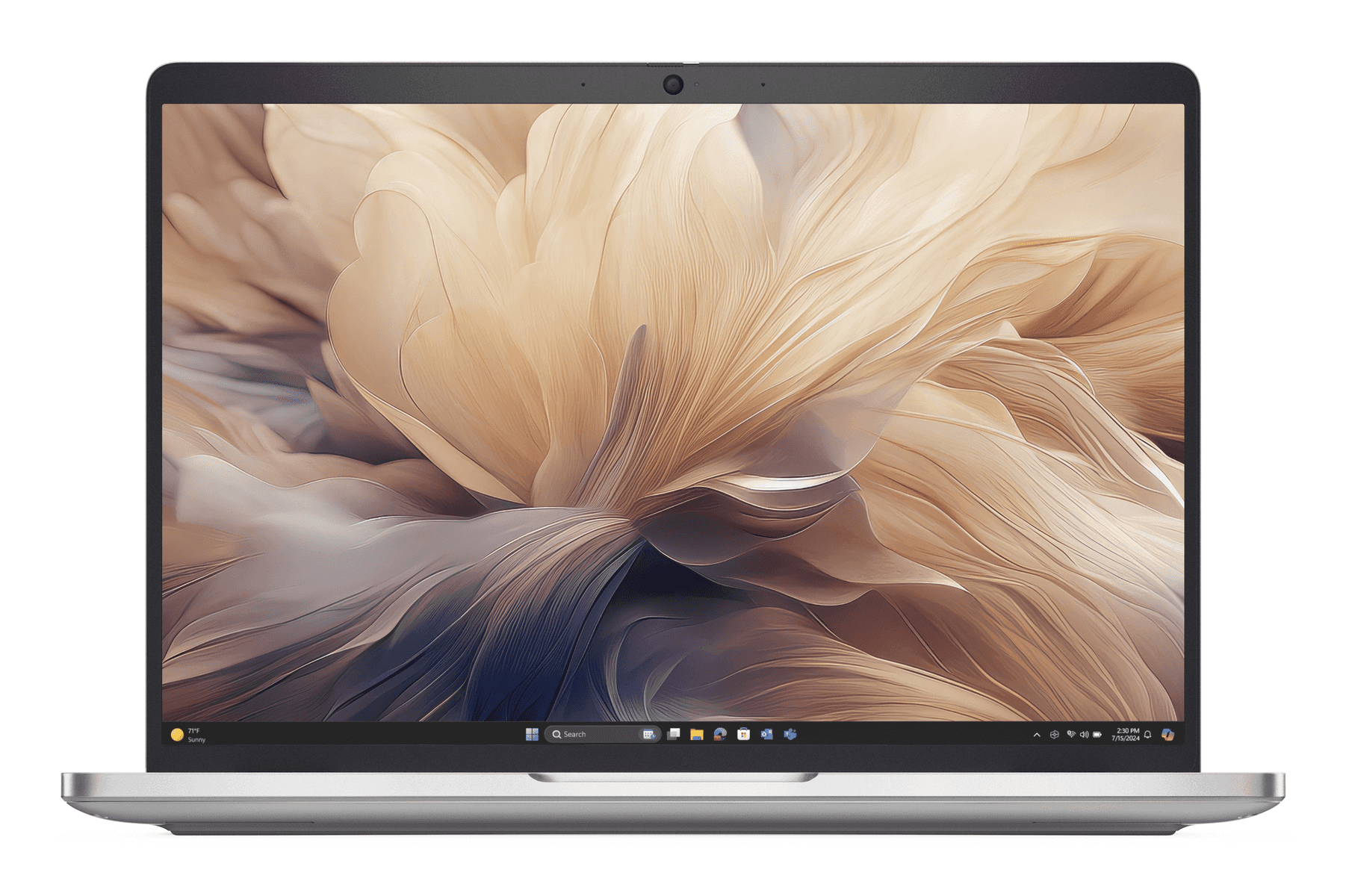 Ein silberner Laptop zeigt eine abstrakte Feder-Tapete in Braun und Blau. Die Taskleiste zeigt Wetter, Suche und Icons.