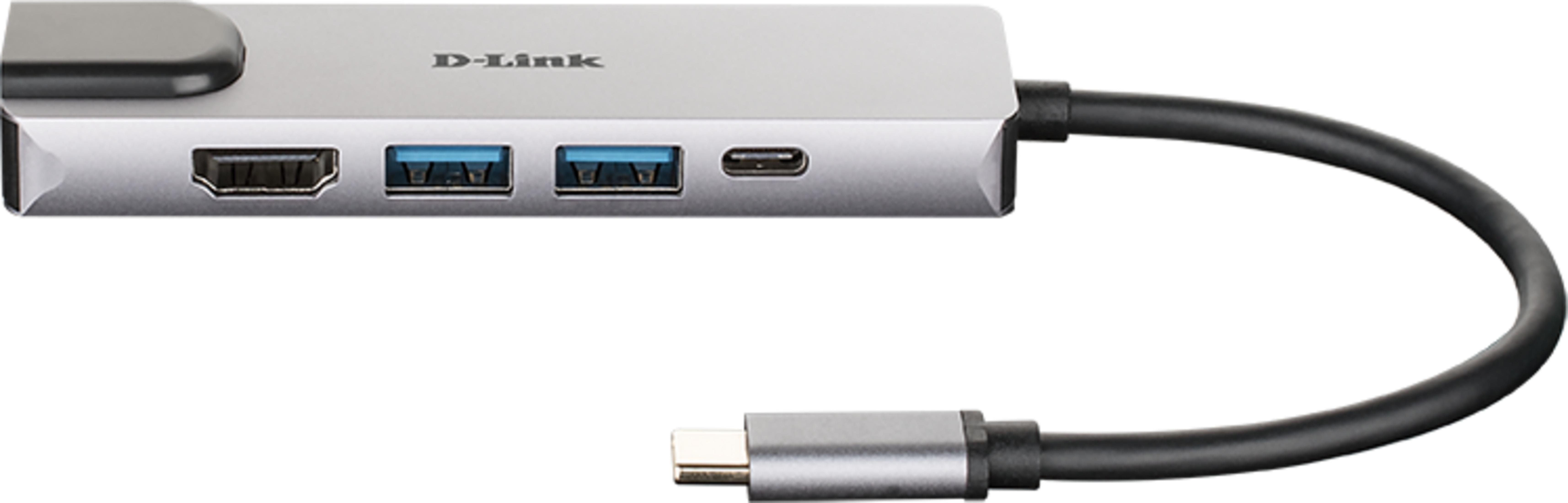 Hub USB-C D-Link argento con HDMI, due porte USB-A e una porta USB-C.