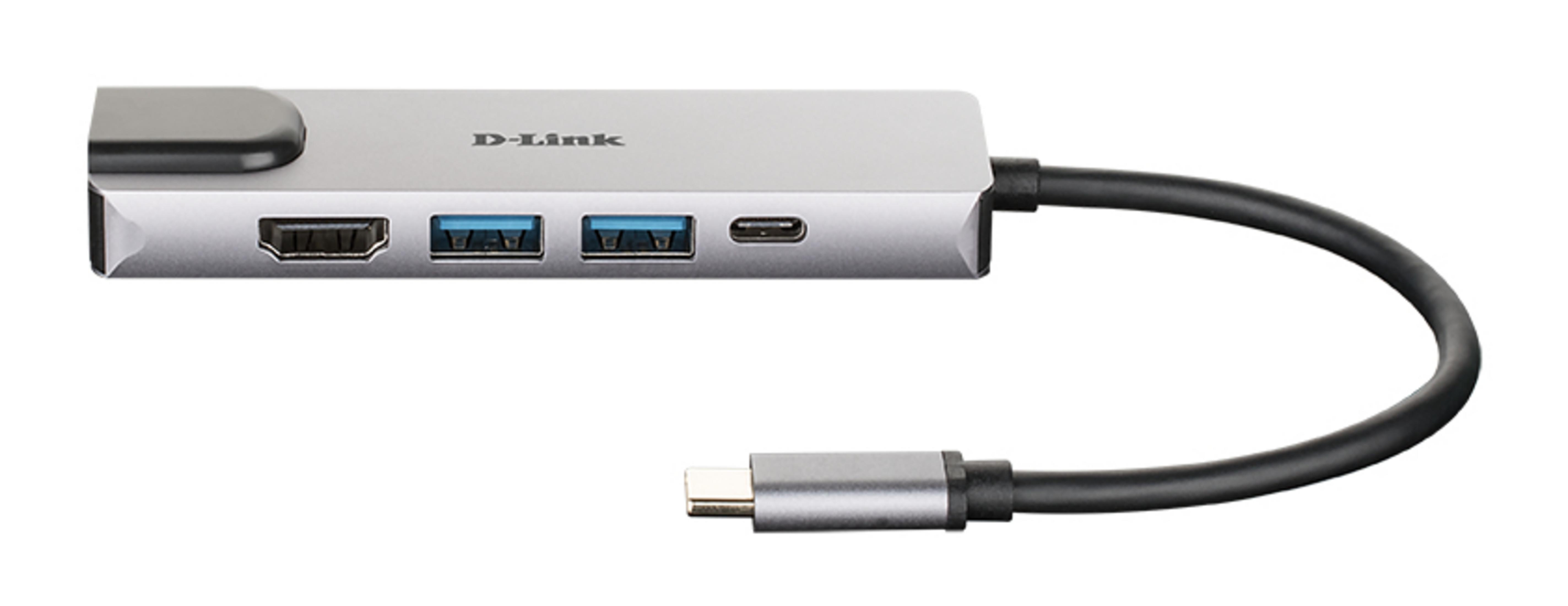 Hub USB-C D-Link argentato con HDMI, 2x USB-A, 1x USB-C e cavo.