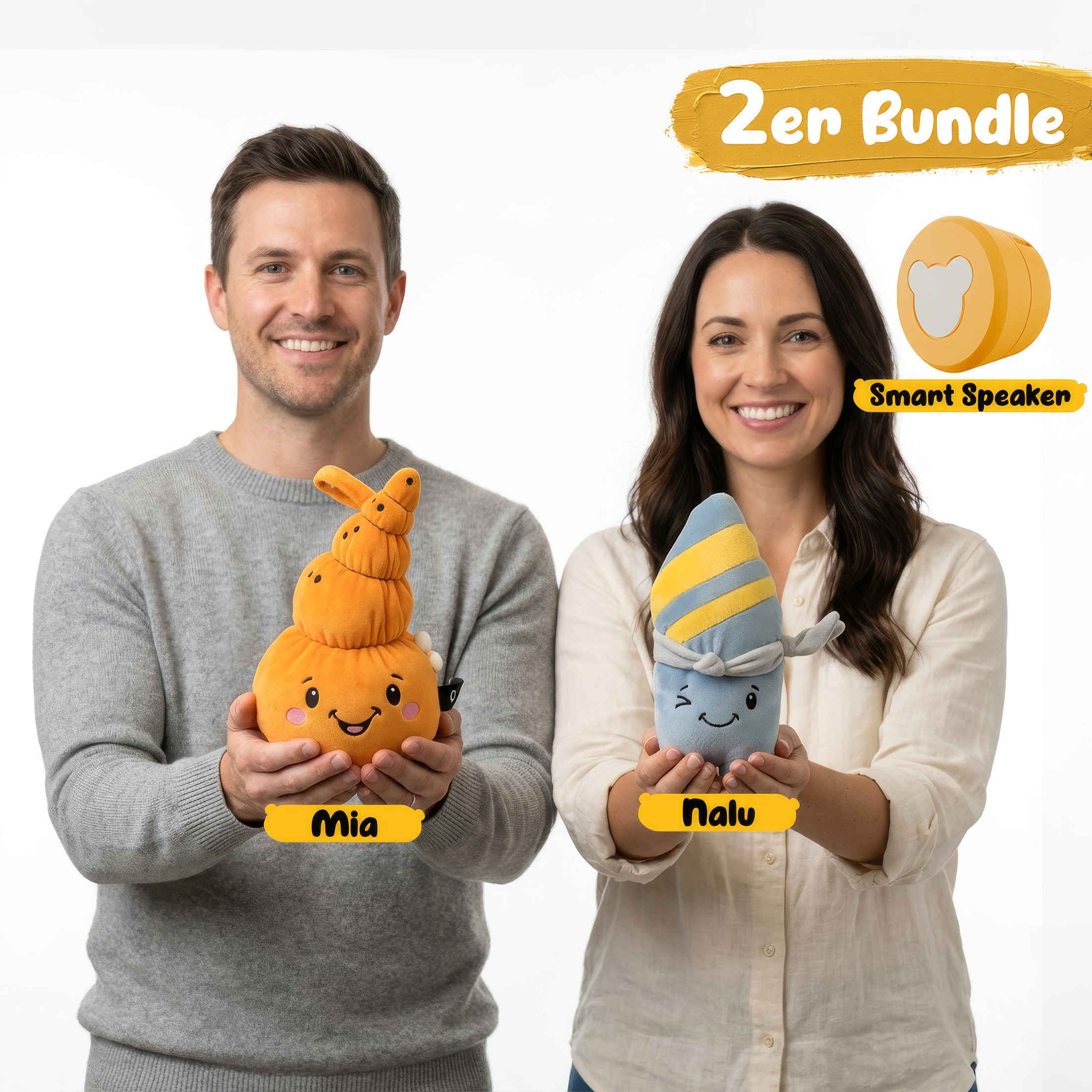 Mann und Frau halten Stofftiere, "Zen Bundle" und "Smart Speaker" sind auf dem Bild.