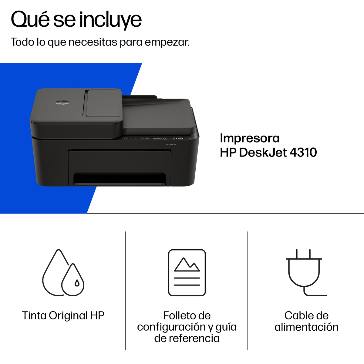 Impresora HP DeskJet 4310 con tinta, manual y cable.