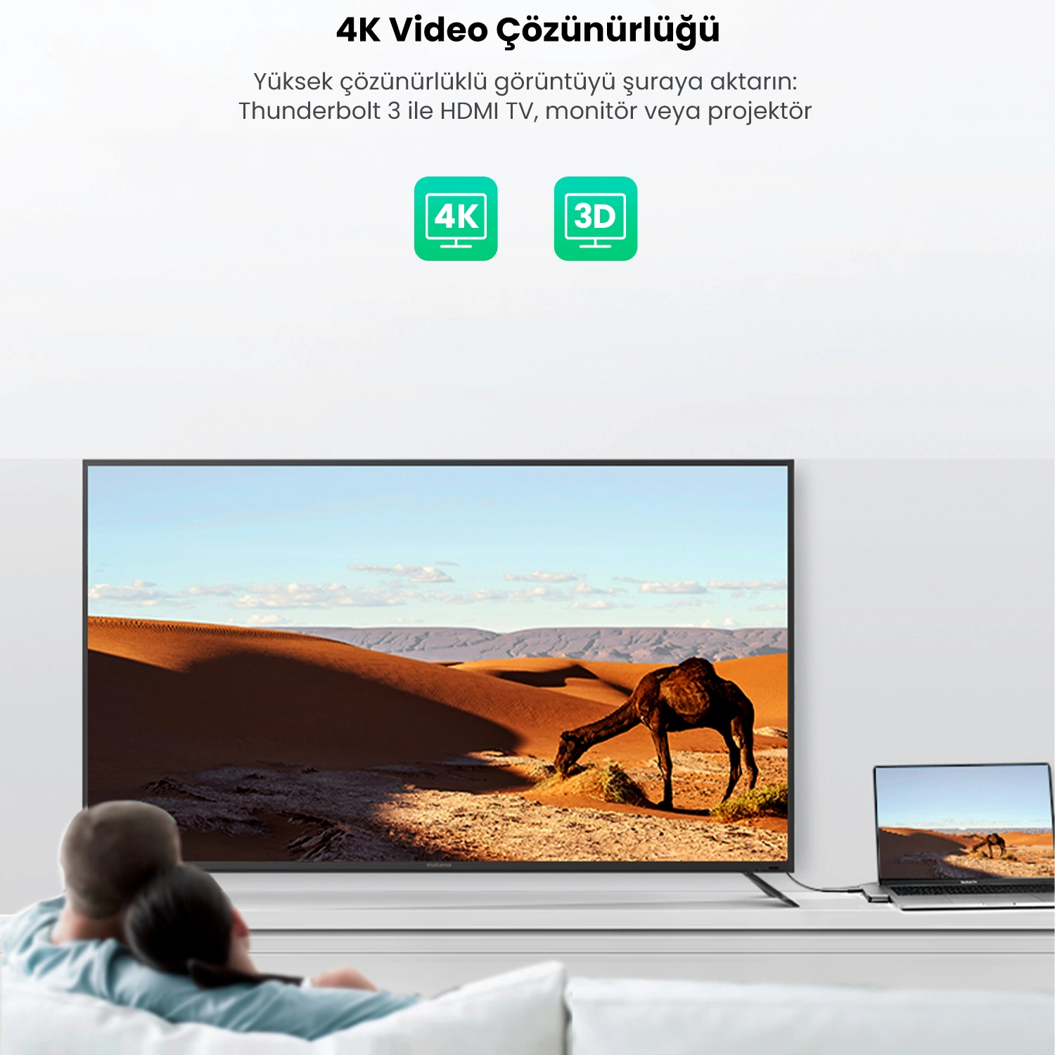 Para ogląda duży telewizor pokazujący pustynny krajobraz z wielbłądem, podłączony do laptopa.