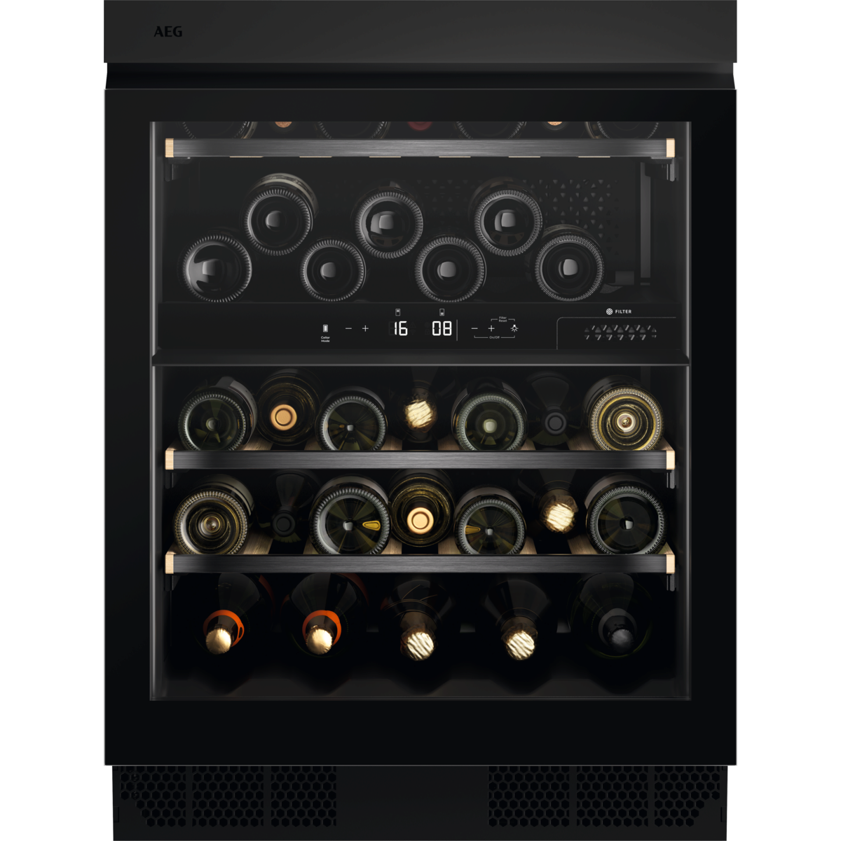Enfriador de vino negro con puerta de cristal, lleno de botellas en estantes de madera.