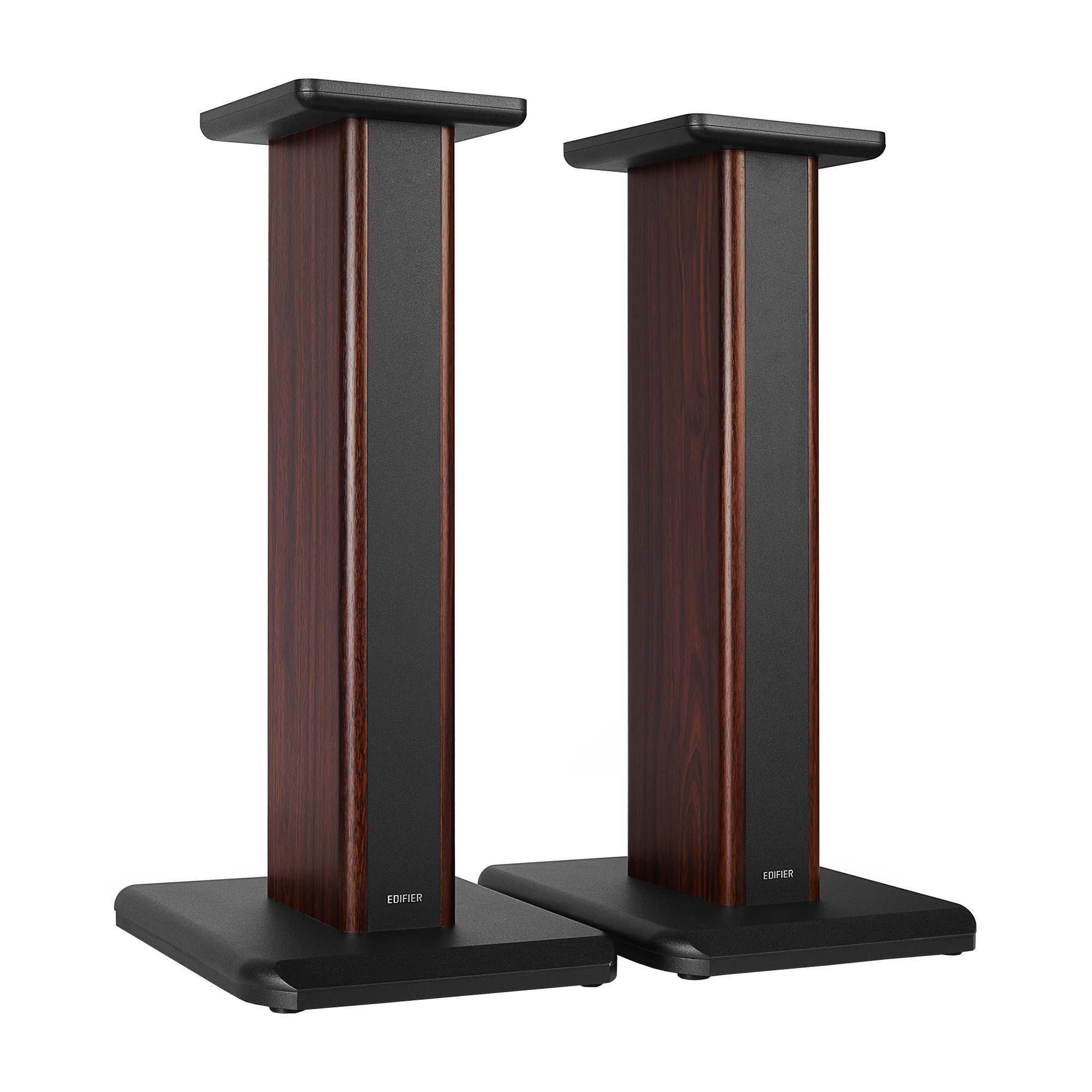 Dos soportes de altavoz de madera oscura con bases y tapas negras, fondo blanco.