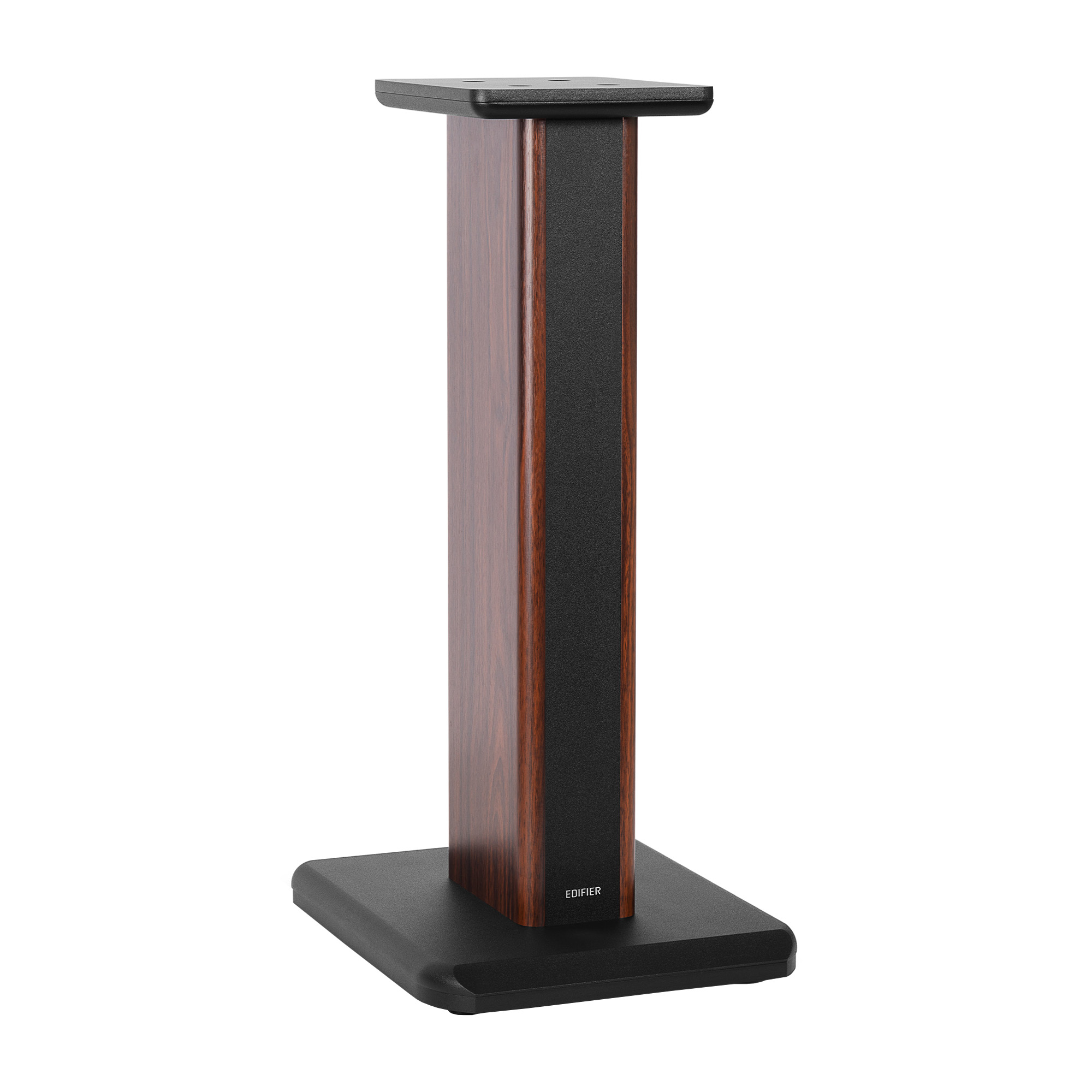 Soporte de altavoz con veta de madera y panel frontal negro sobre base negra.