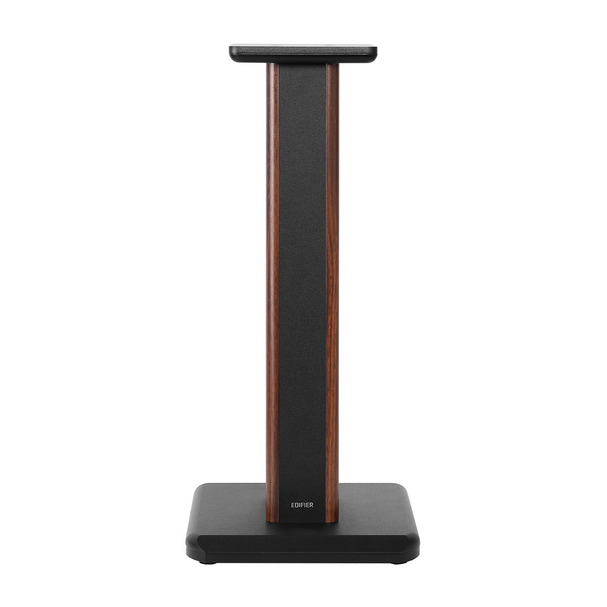 Un soporte negro para altavoz con detalles de madera y el logo EDIFIER.