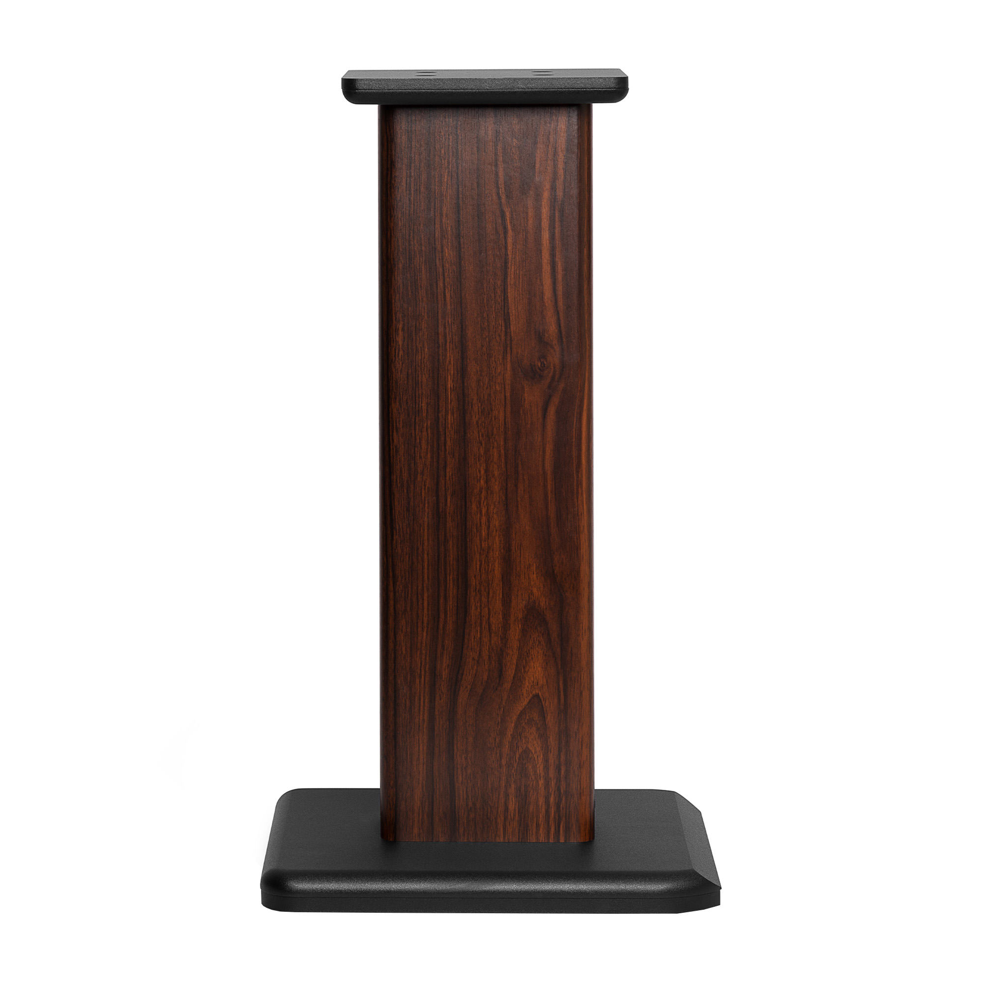 Un soporte de madera oscura con base y parte superior negras sobre fondo blanco.