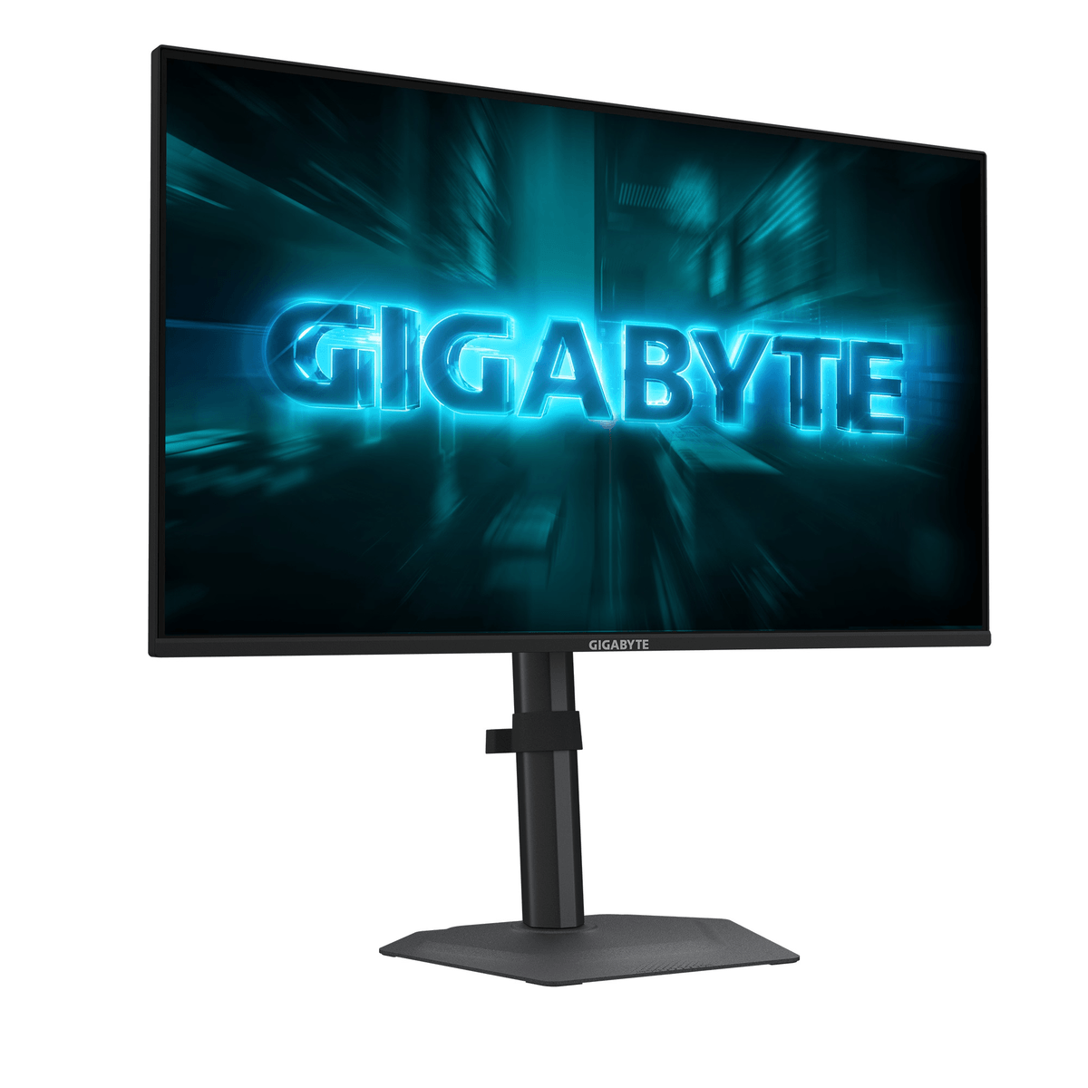 A monitor displaying the GIGABYTE logo in neon blue against a blurred background.