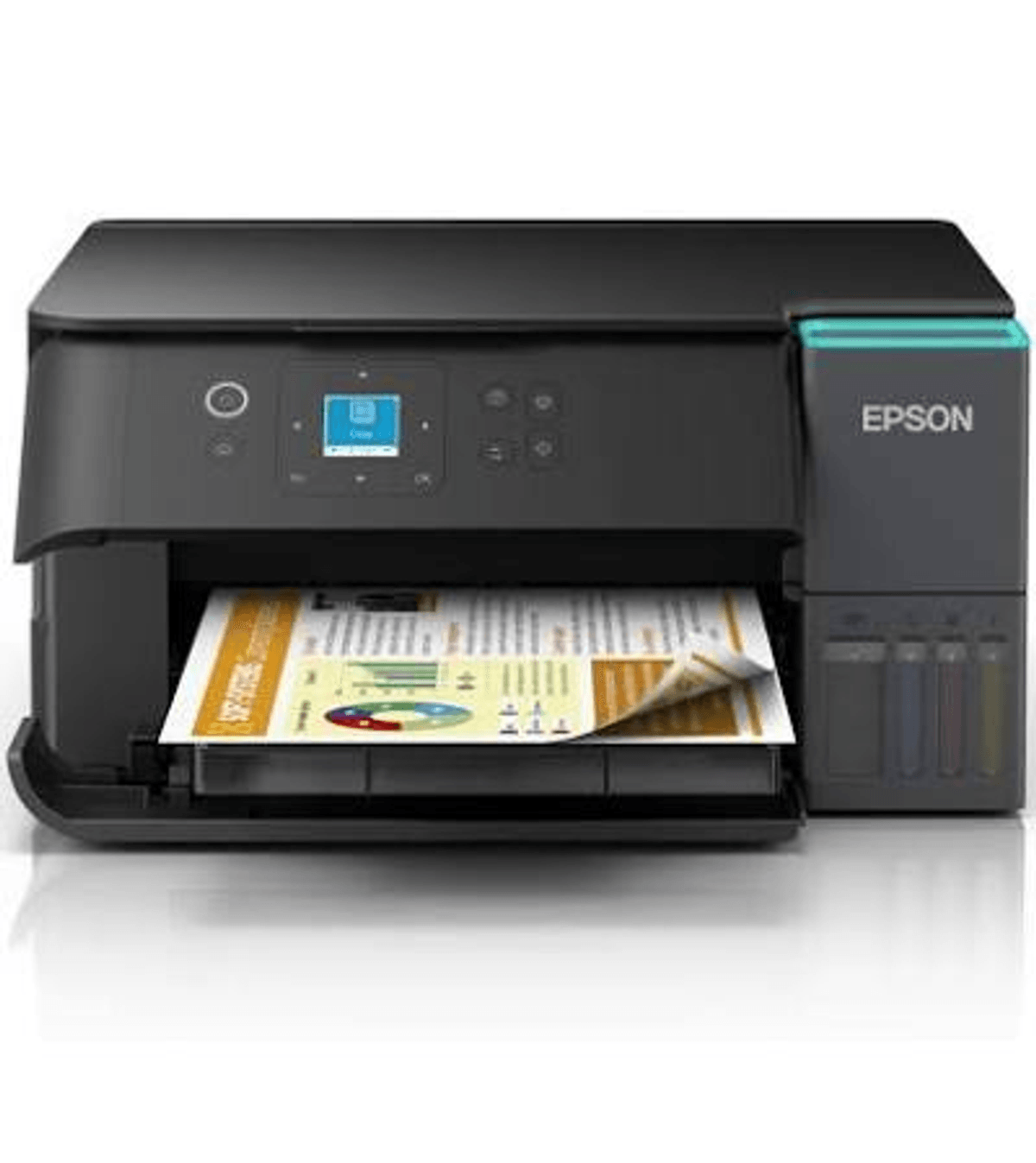 Czarna drukarka Epson z kartką papieru wychodzącą z podajnika.
