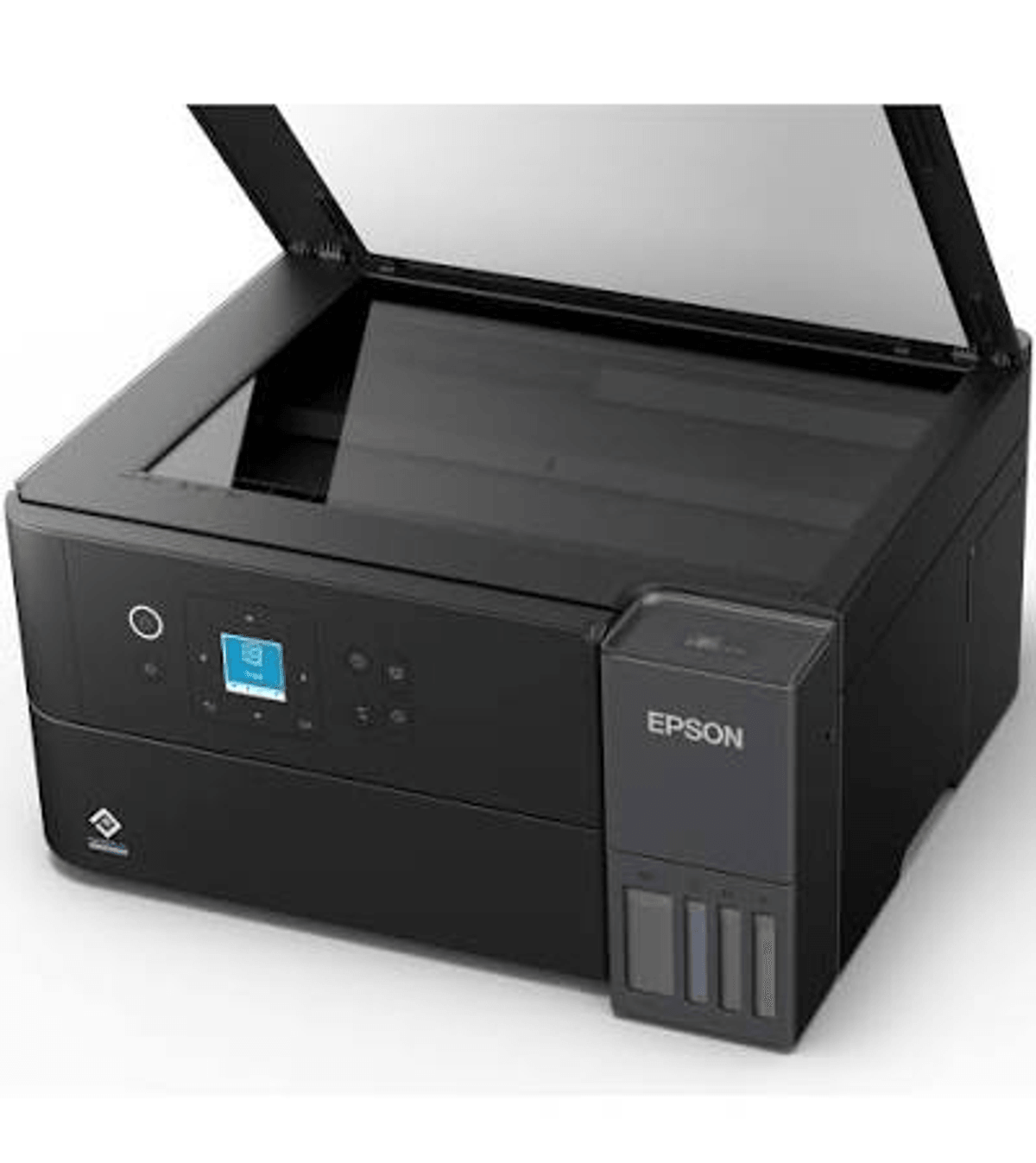 Czarna drukarka Epson z otwartą pokrywą skanera i widocznymi zbiornikami na tusz.