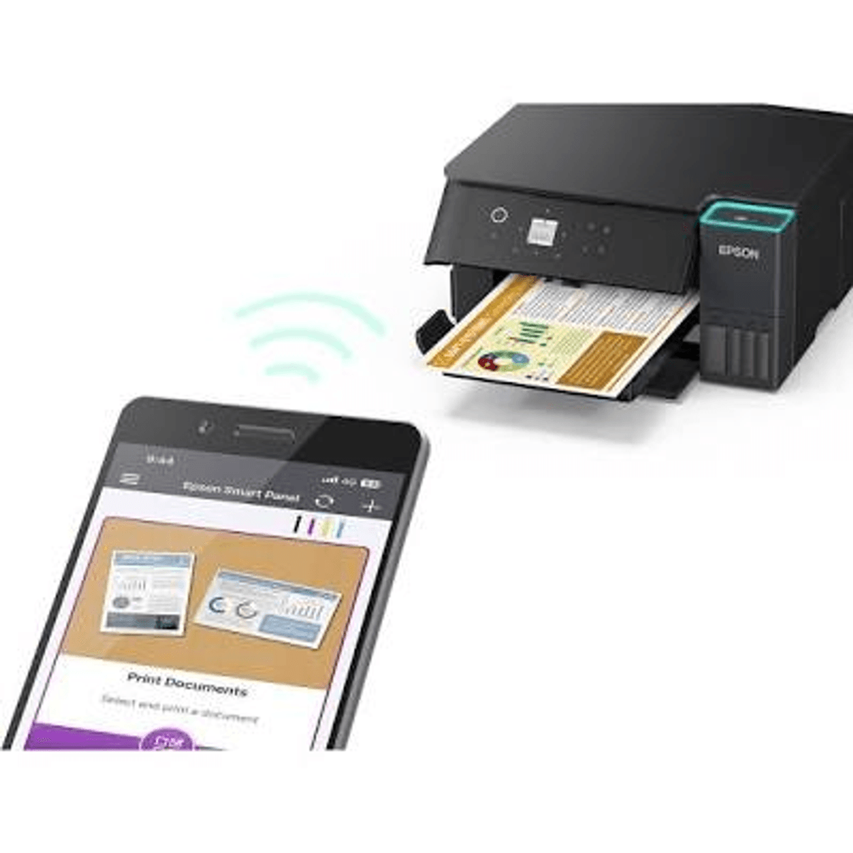 Czarna drukarka Epson drukuje dokument, obok smartfon z aplikacją Epson Smart Panel.