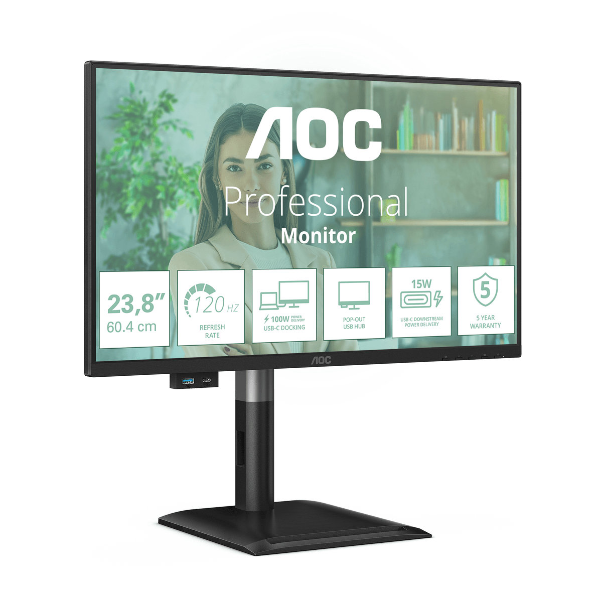 AOC monitor 23,8 inch met 120Hz, 100W USB-C docking, 15W power delivery.