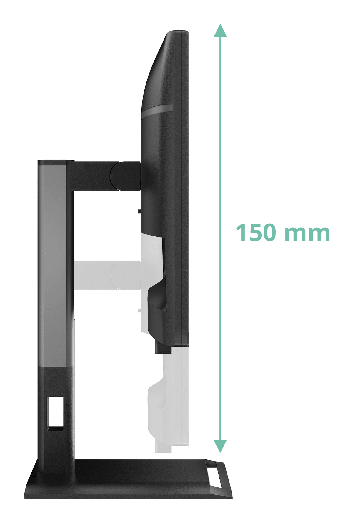 Een zwarte monitorarm met een afmeting van 150 mm op een witte achtergrond.