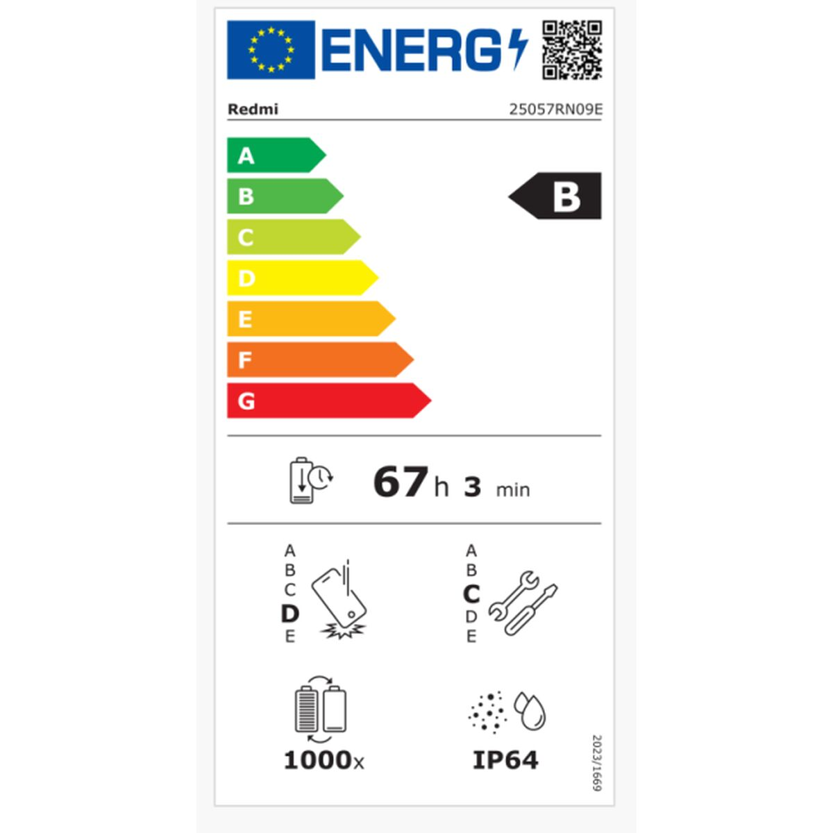 Etykieta energetyczna Redmi, klasa B, czas pracy baterii 67h 3 min, IP64.