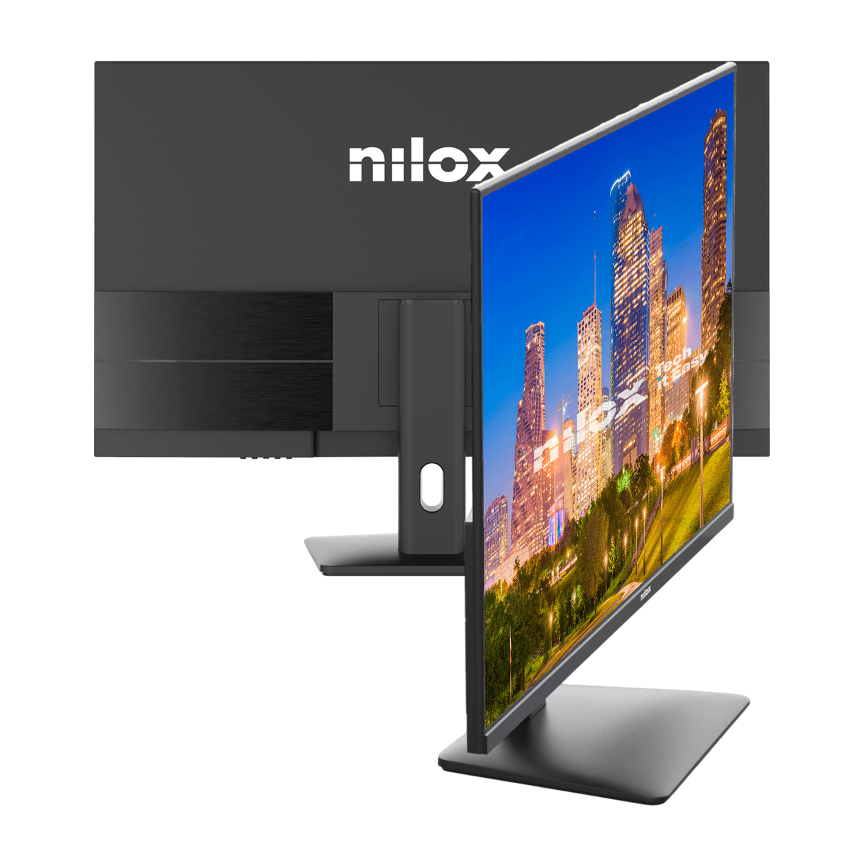 Ein schwarzer Monitor mit Nilox-Logo und Stadtbild-Hintergrund.