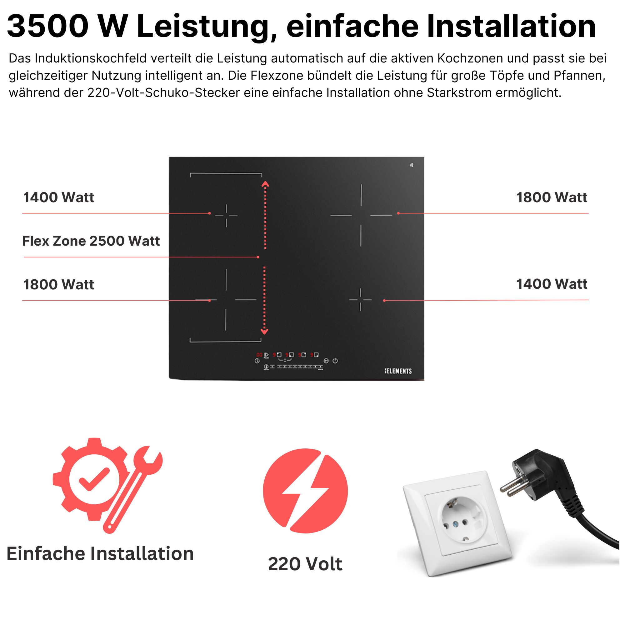 Induktionskochfeld mit 3500W, 4 Kochzonen, Flexzone, 220V Stecker, einfache Installation.