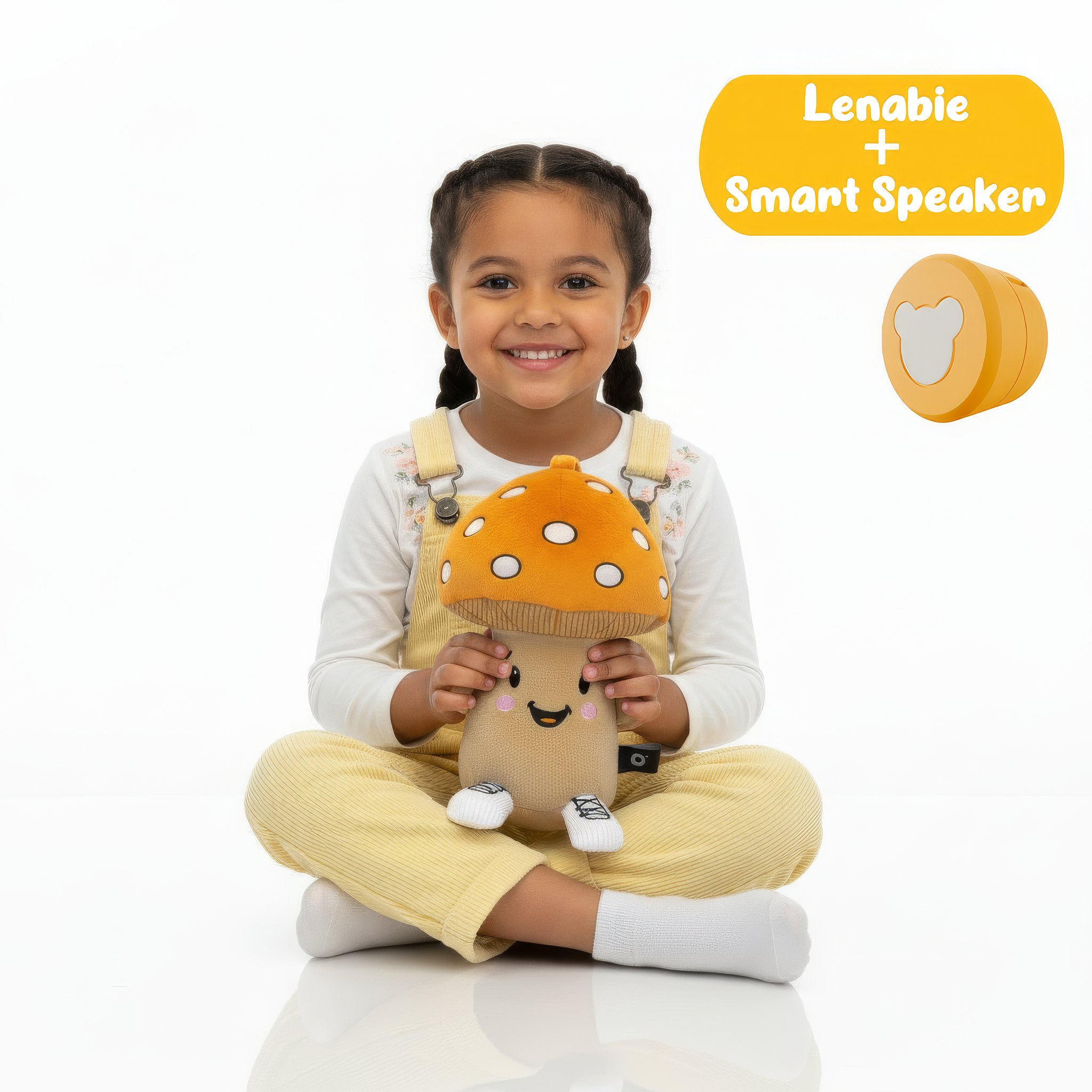 Ein Mädchen sitzt und hält ein Pilz-Stofftier. Ein gelber Textblock mit 'Lenabie + Smart Speaker' und ein Lautsprecher sind zu sehen.