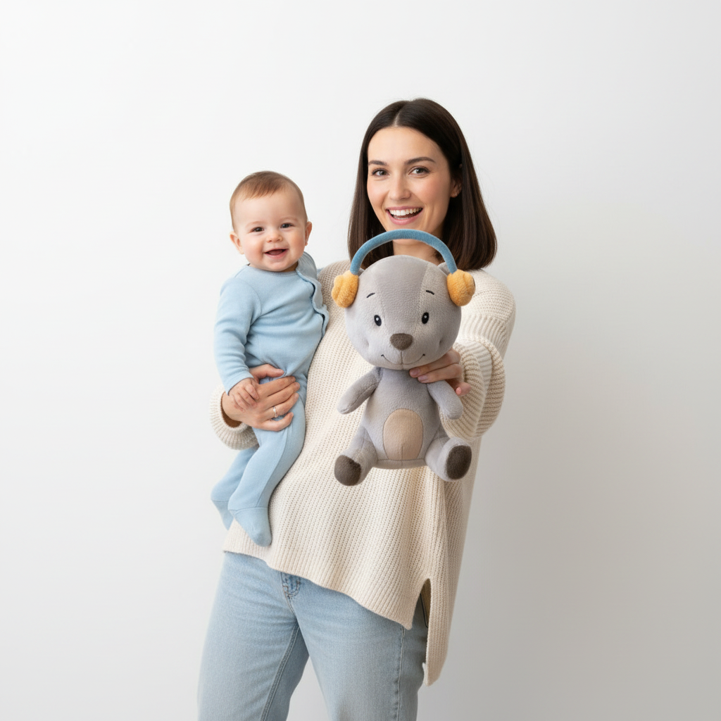 Frau hält Baby und Teddybär mit Kopfhörern vor weißem Hintergrund.