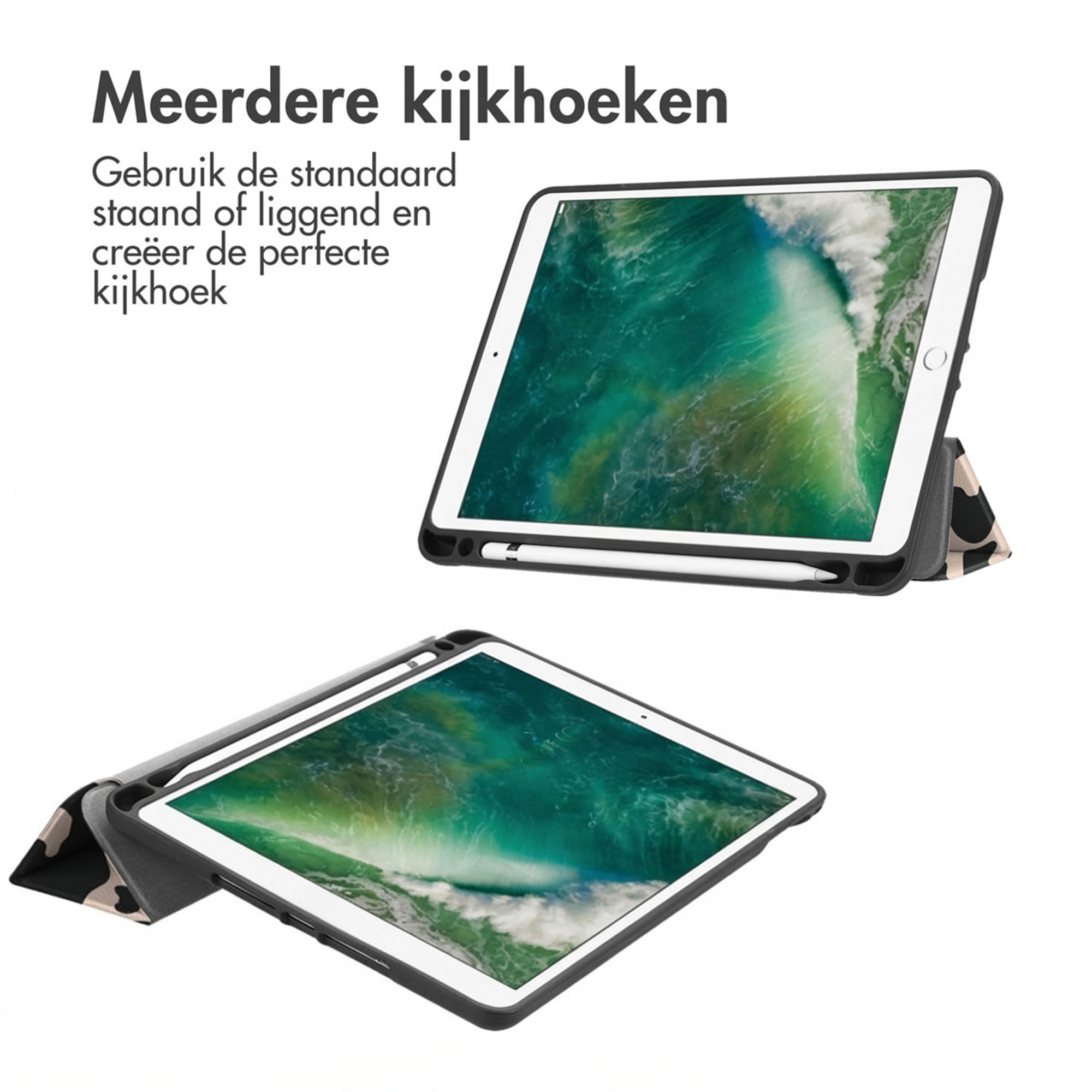 Een tablet in een camouflagehoes getoond in twee posities.
