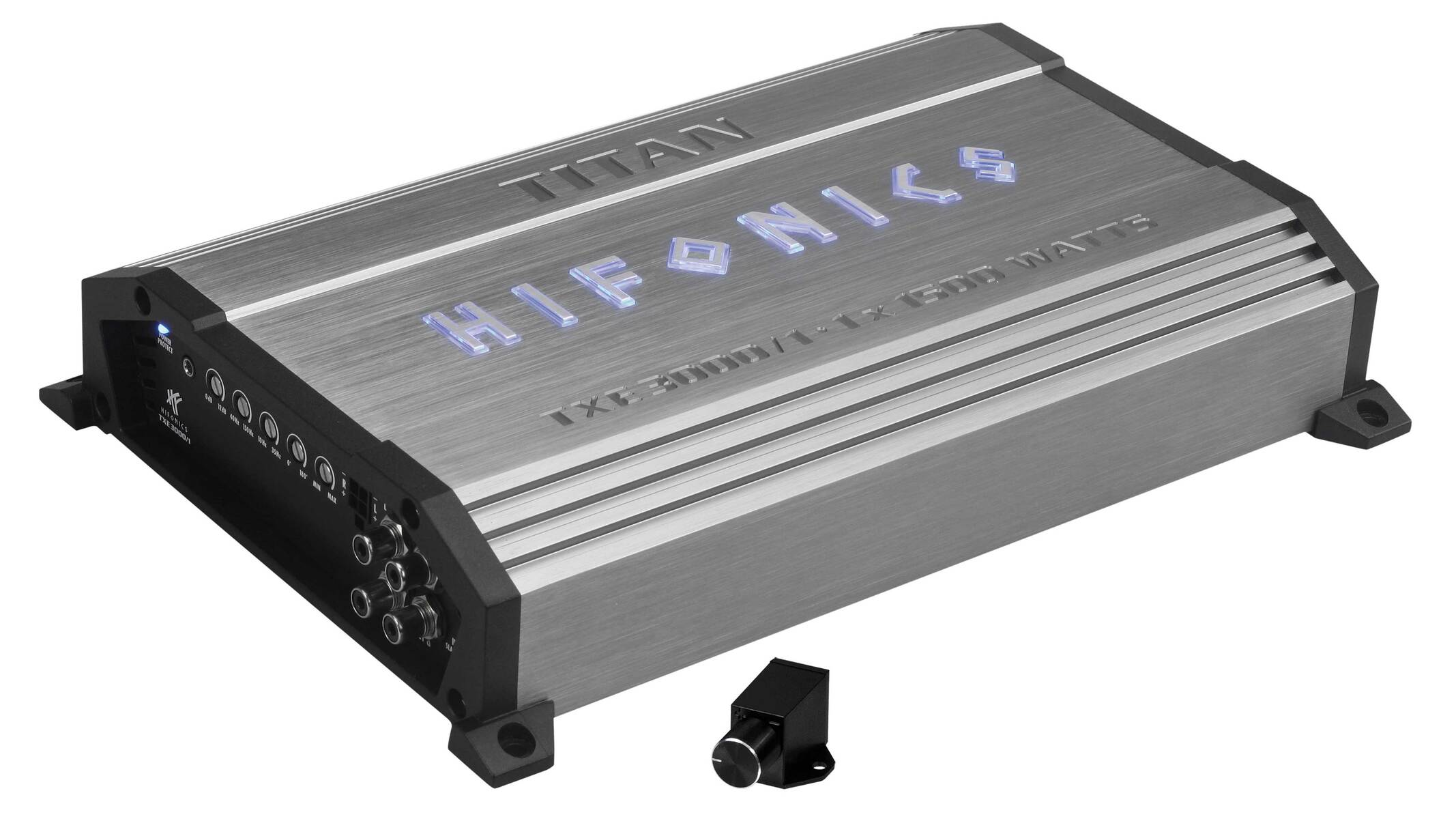 Silberner Hifonics Titan TX 3000/1 Verstärker mit blauen Logos und Anschlüssen.