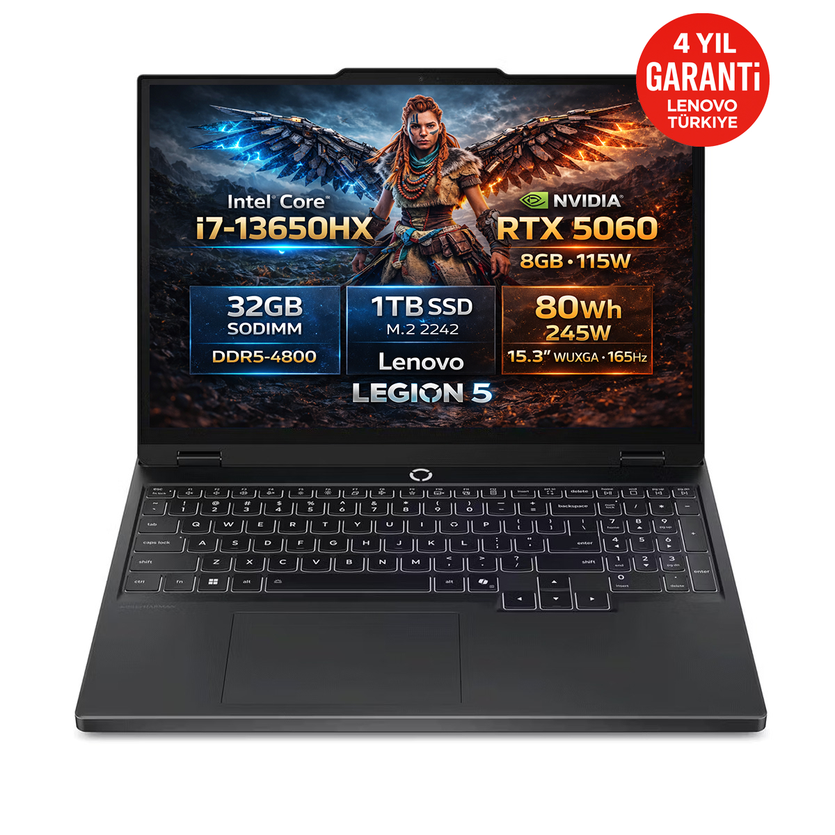 LENOVO Legion 5 15IRX10 RTX 5060 8GB WUXGA IPS 165Hz Intel Core i7-13650HX 32 GB RAM 1 TB SSD 15,3 inç FreeDOS Laptop Siyah