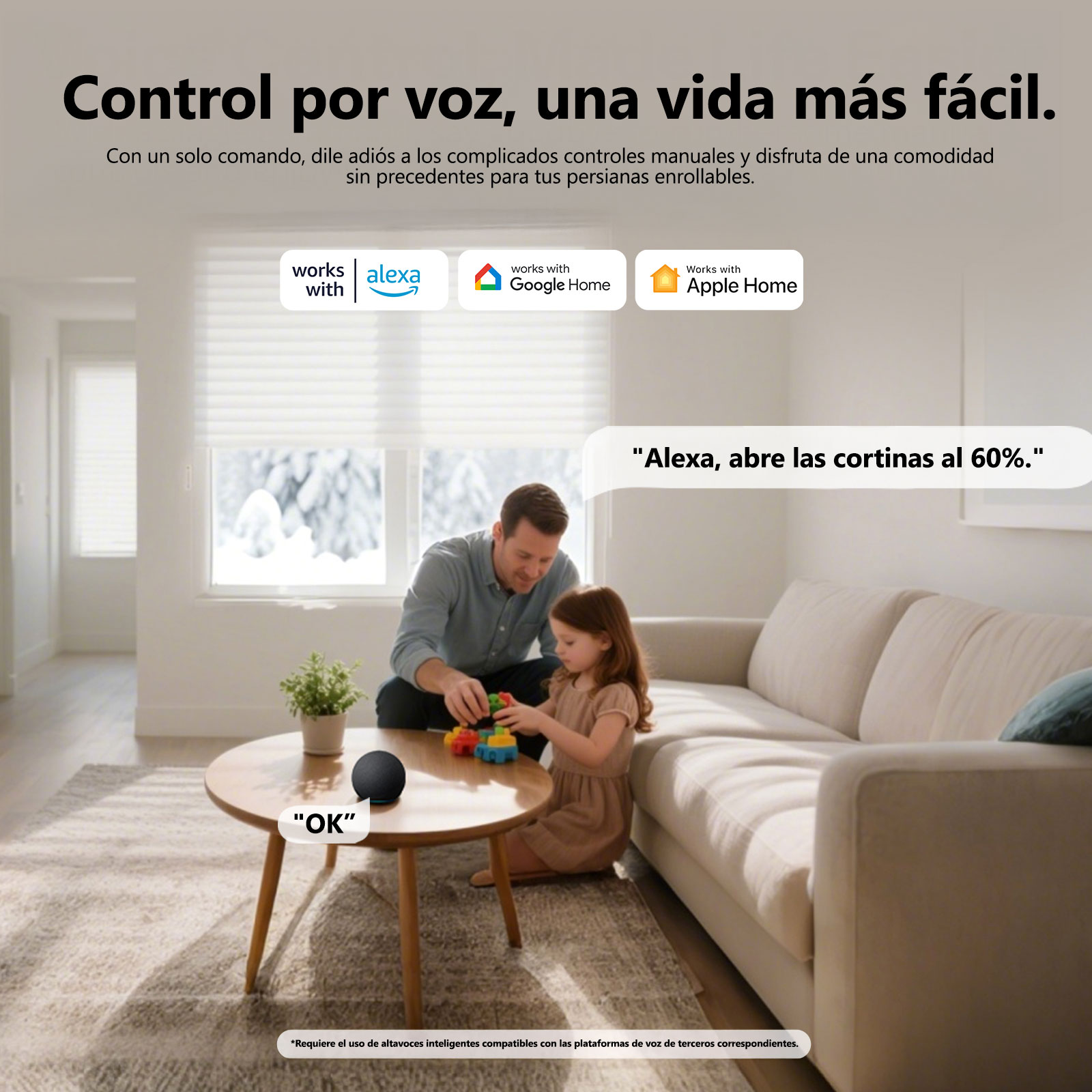 Padre e hija juegan en sala con asistente de voz en mesa.
