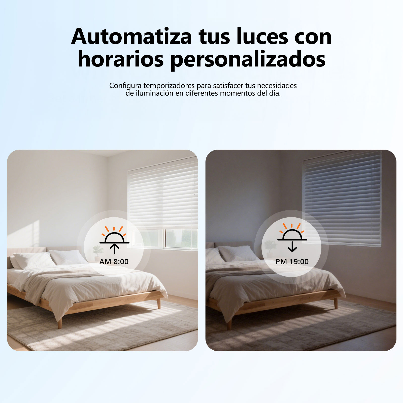 Un dormitorio con cama, mostrado de día y noche, ilustrando horarios de luces.