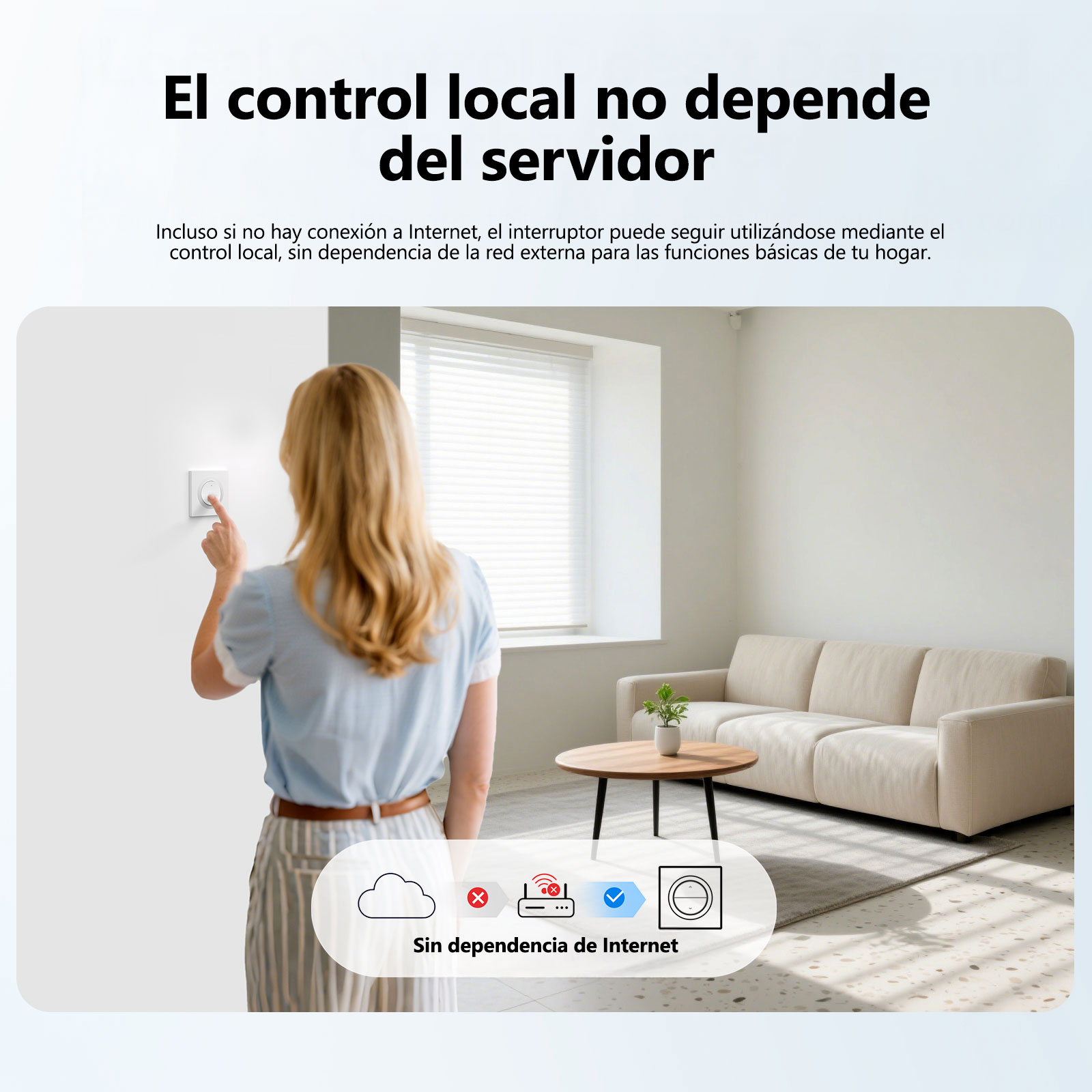 Una mujer presiona un interruptor de luz, demostrando control local sin internet.