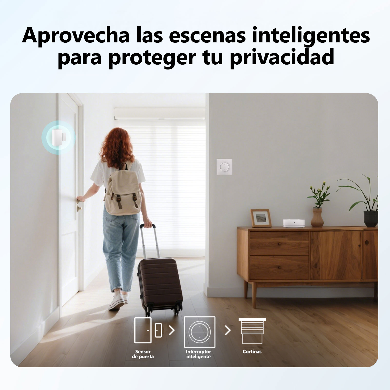 Mujer con maleta abre puerta, iconos de hogar inteligente: sensor, interruptor, cortinas.