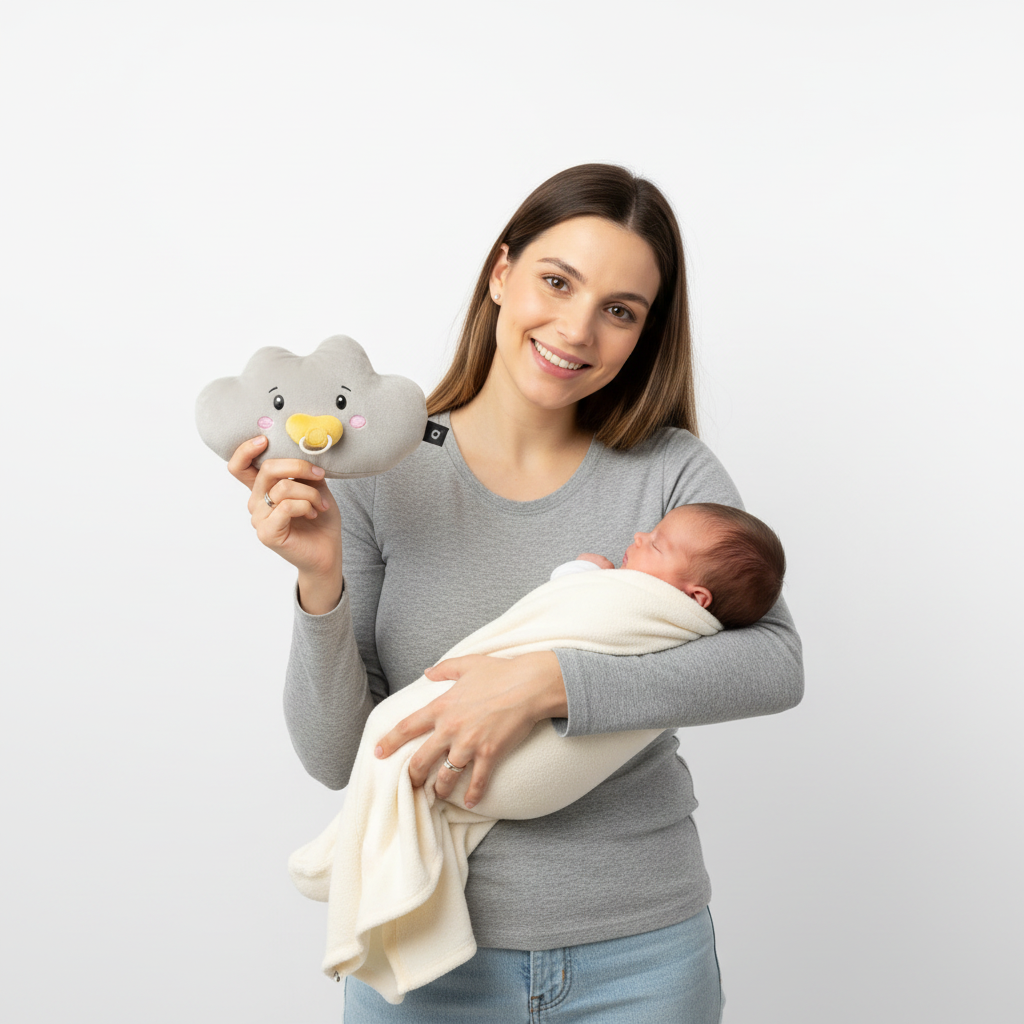 Frau hält Baby im Arm, hält eine graue Wolke mit Schnuller. Helles Licht.