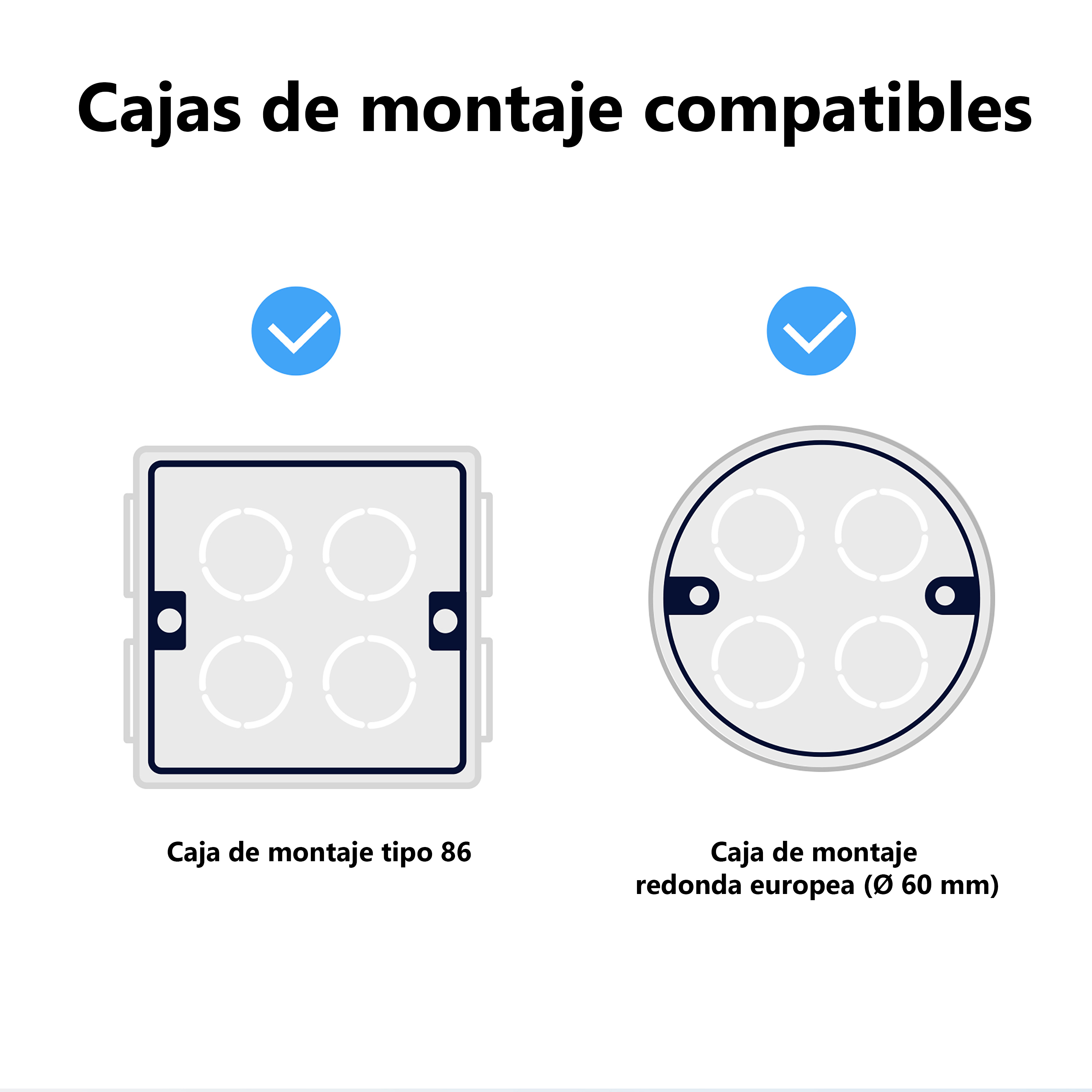 Cajas de montaje compatibles: Tipo 86 y redonda europea 60mm.