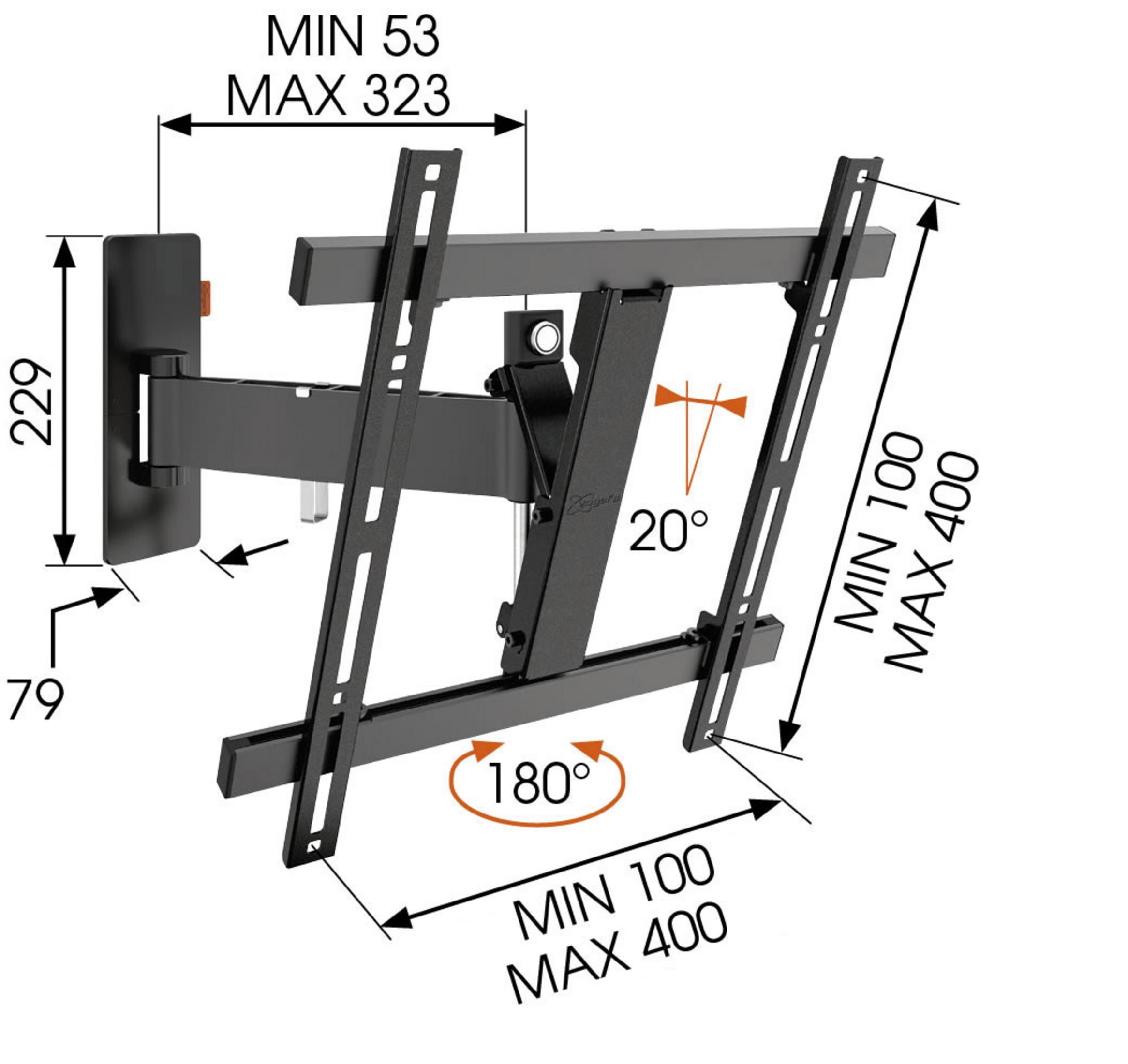 Supporto da parete nero con dimensioni: Min 53, Max 323, 229, 79.