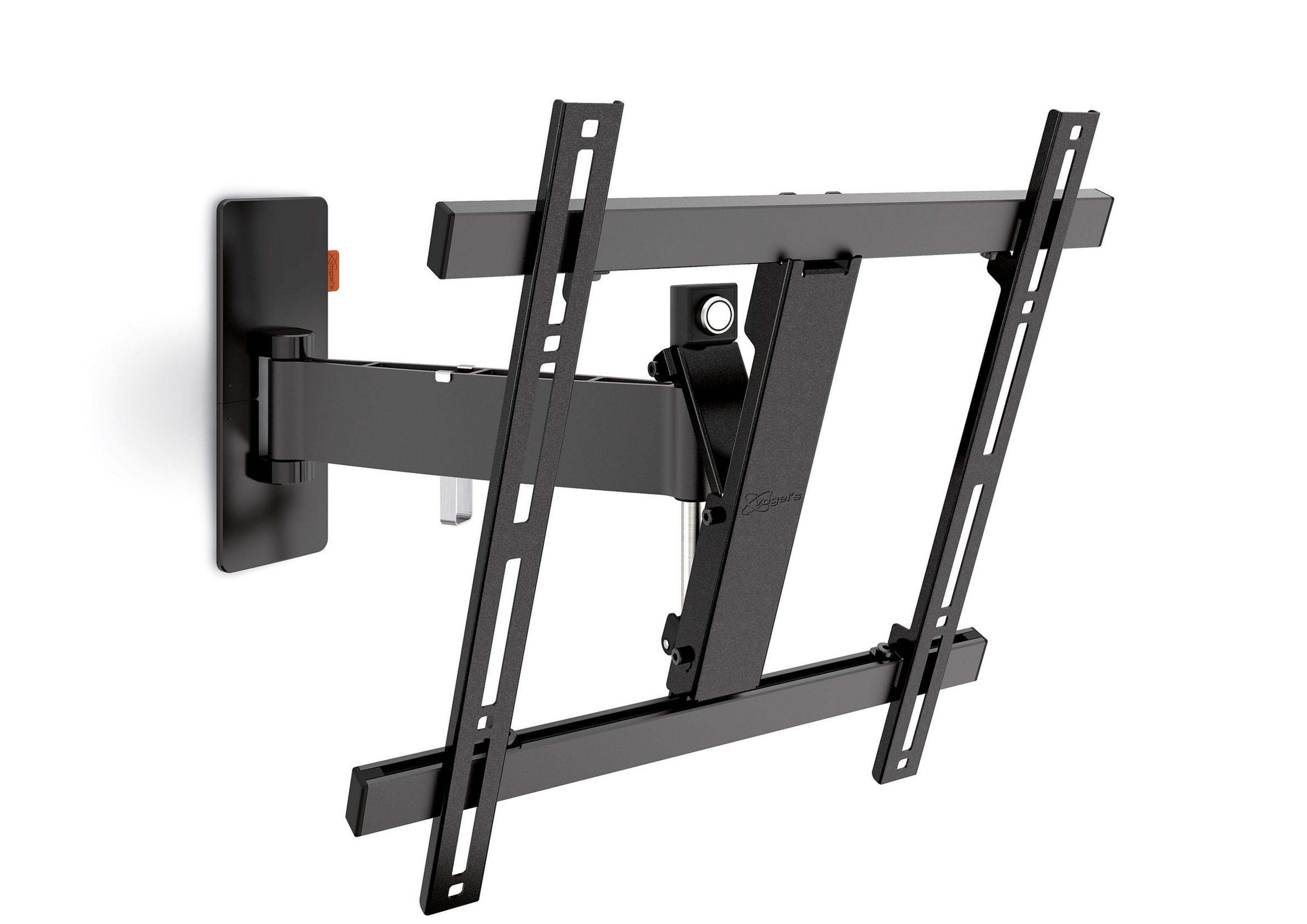 Supporto da parete TV nero con bracci regolabili e guide di montaggio.