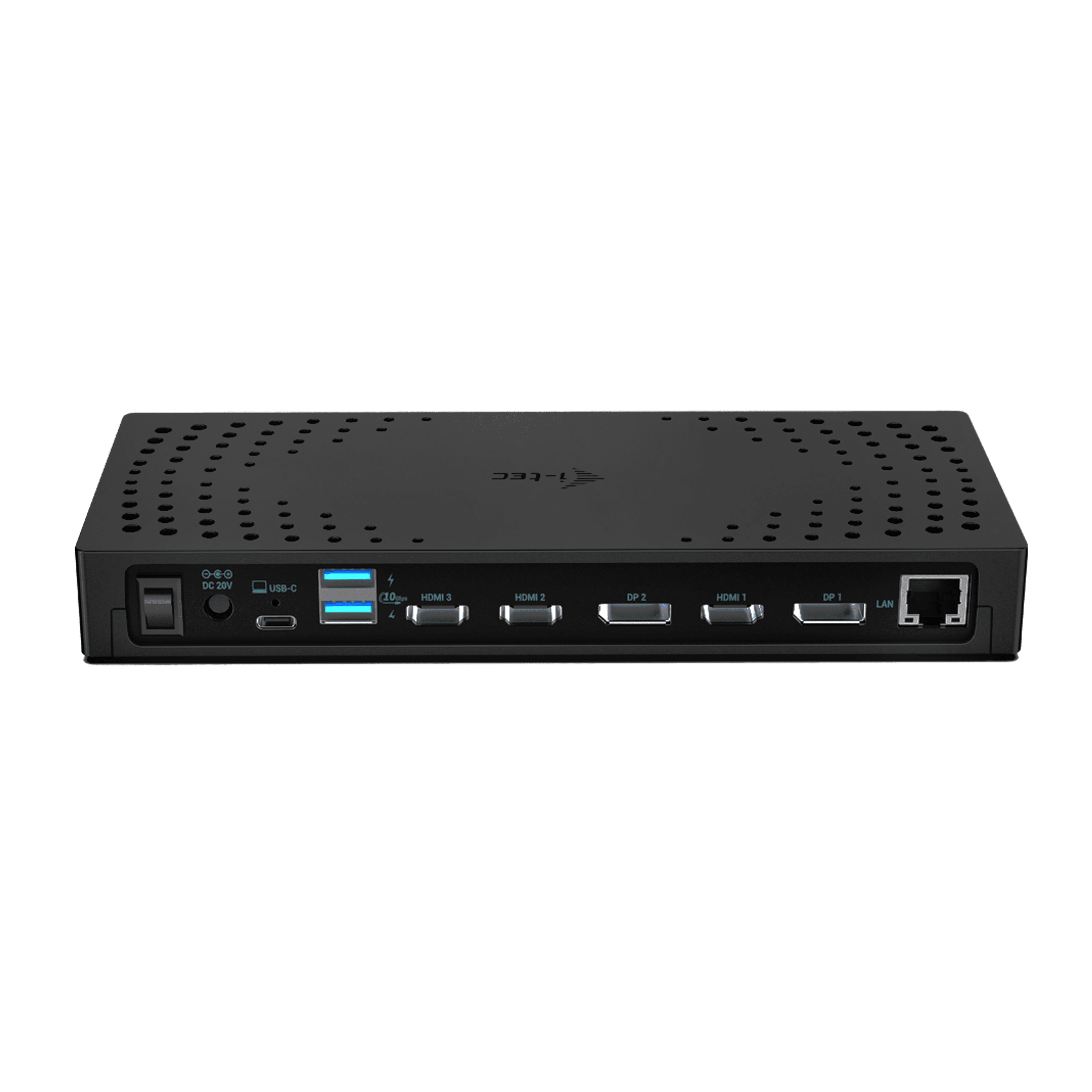 Zwarte hub met DC 20V, USB-C, 3x HDMI, 2x DP en LAN-poort.