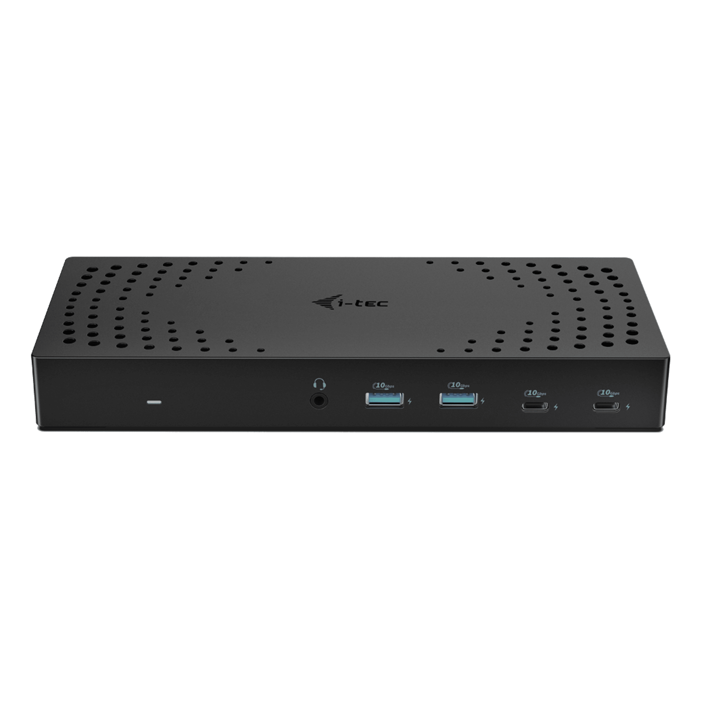 Zwarte i-tec docking hub met ventilatiegaten, USB-C en audio poorten.