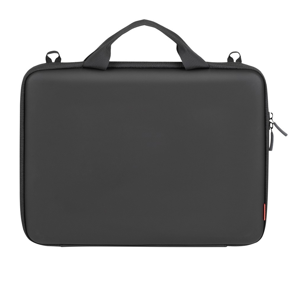 Borsa nera per laptop con manico e cerniera. Dettaglio rosso sul lato destro.