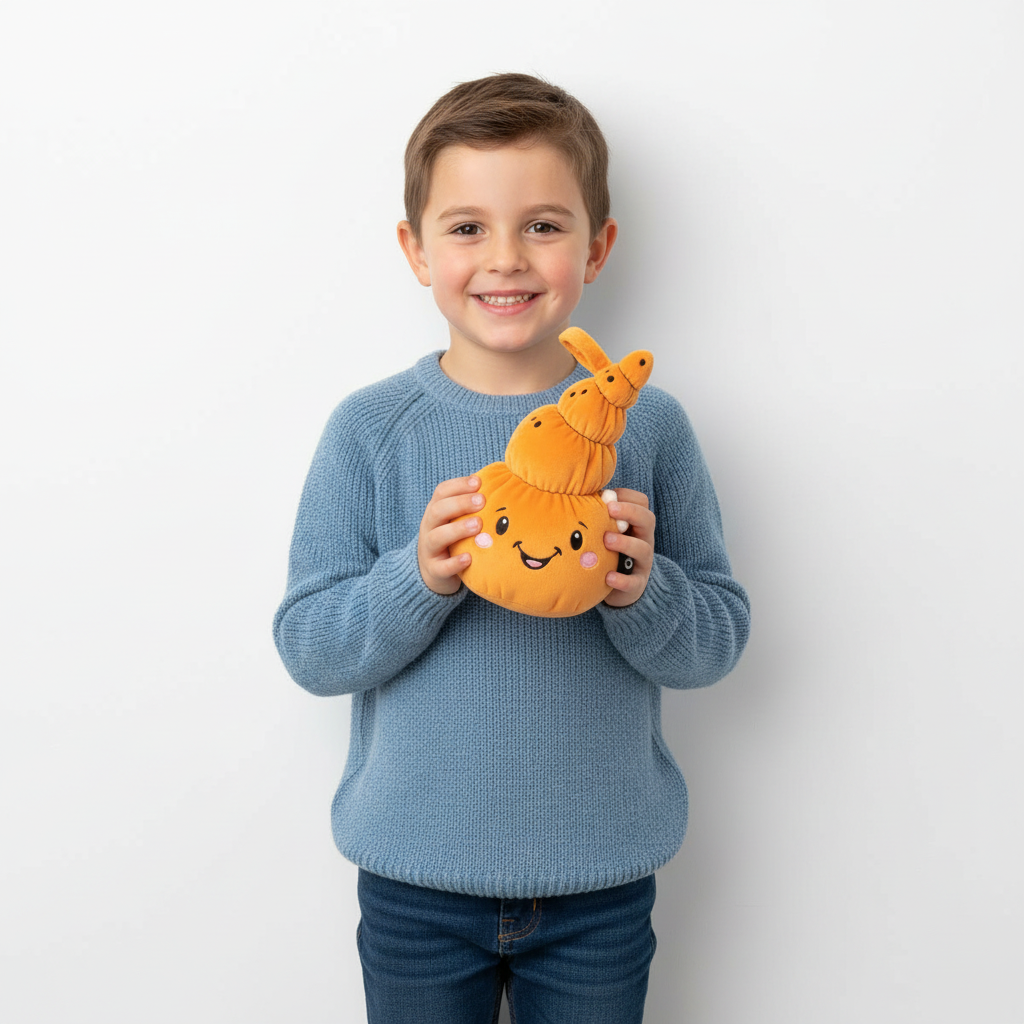 Ein Junge in einem blauen Pullover hält ein orangefarbenes Spielzeug mit Gesicht.