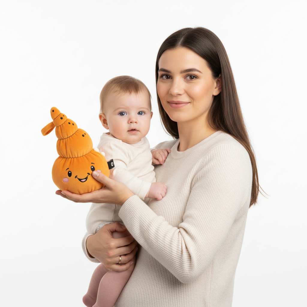 Eine Frau hält ein Baby und ein orangefarbenes Stofftier in Form einer Schnecke.