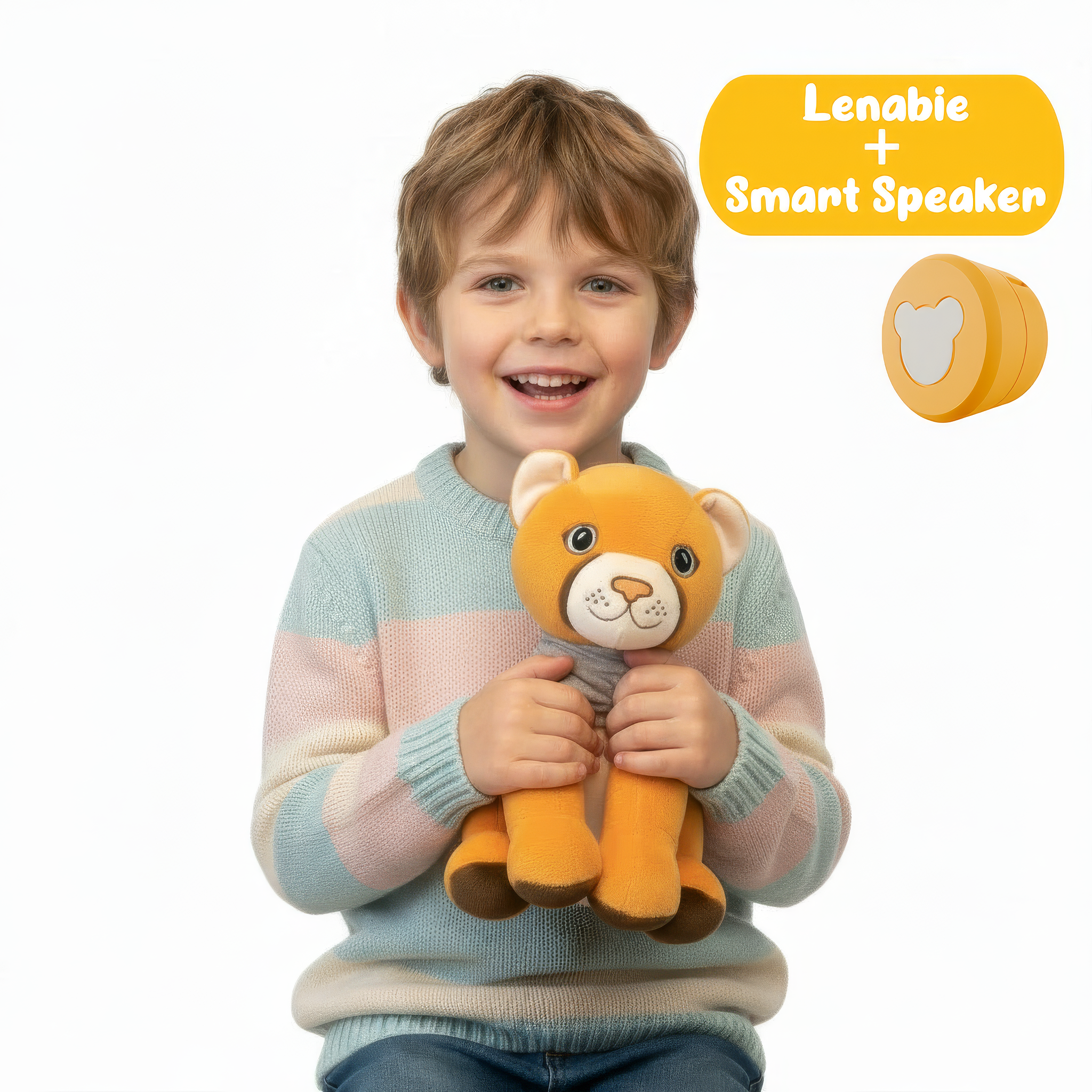 Ein Junge hält einen orangefarbenen Teddybär. Er trägt einen gestreiften Pullover.