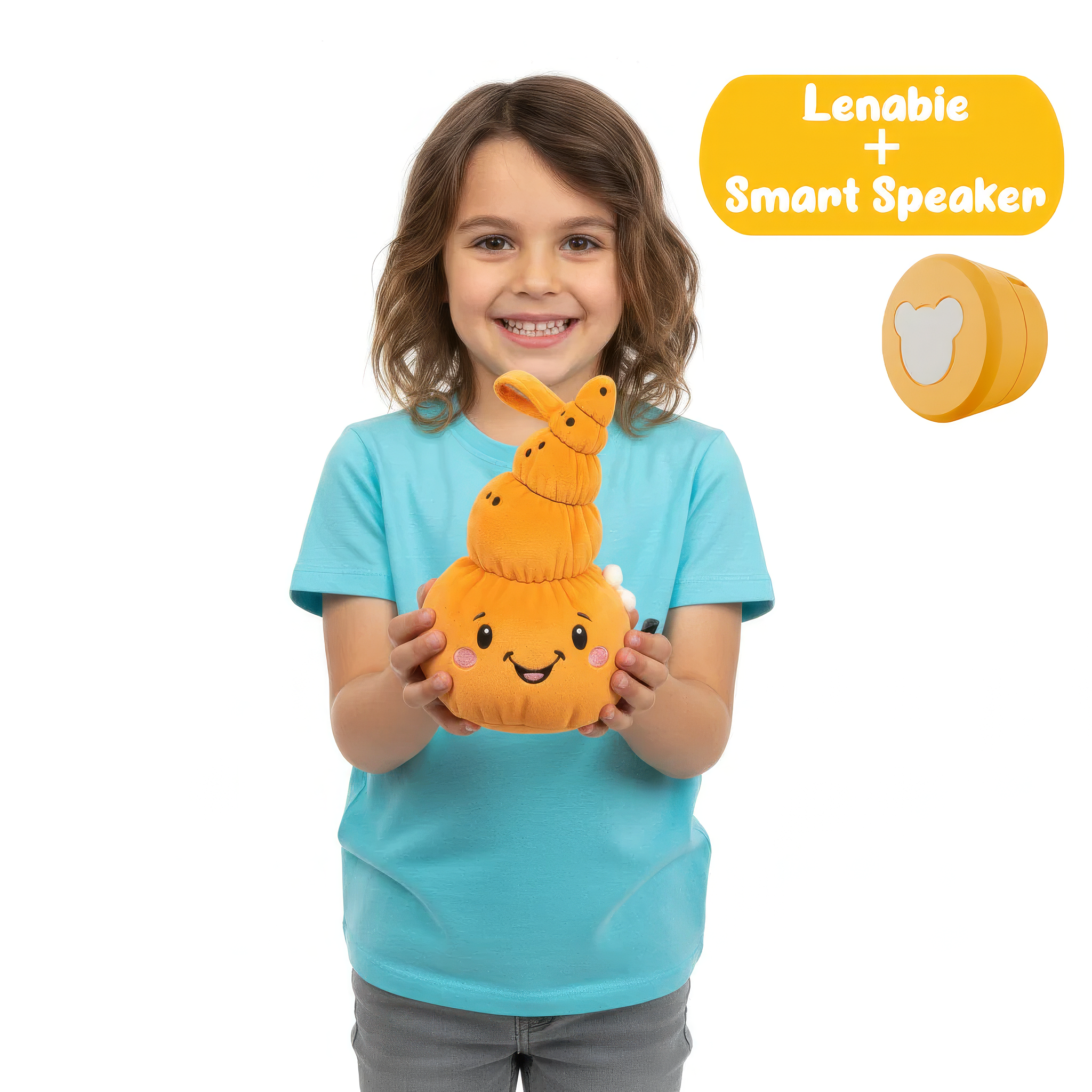 Una bambina tiene un peluche arancione. Un ovale giallo con testo è vicino.