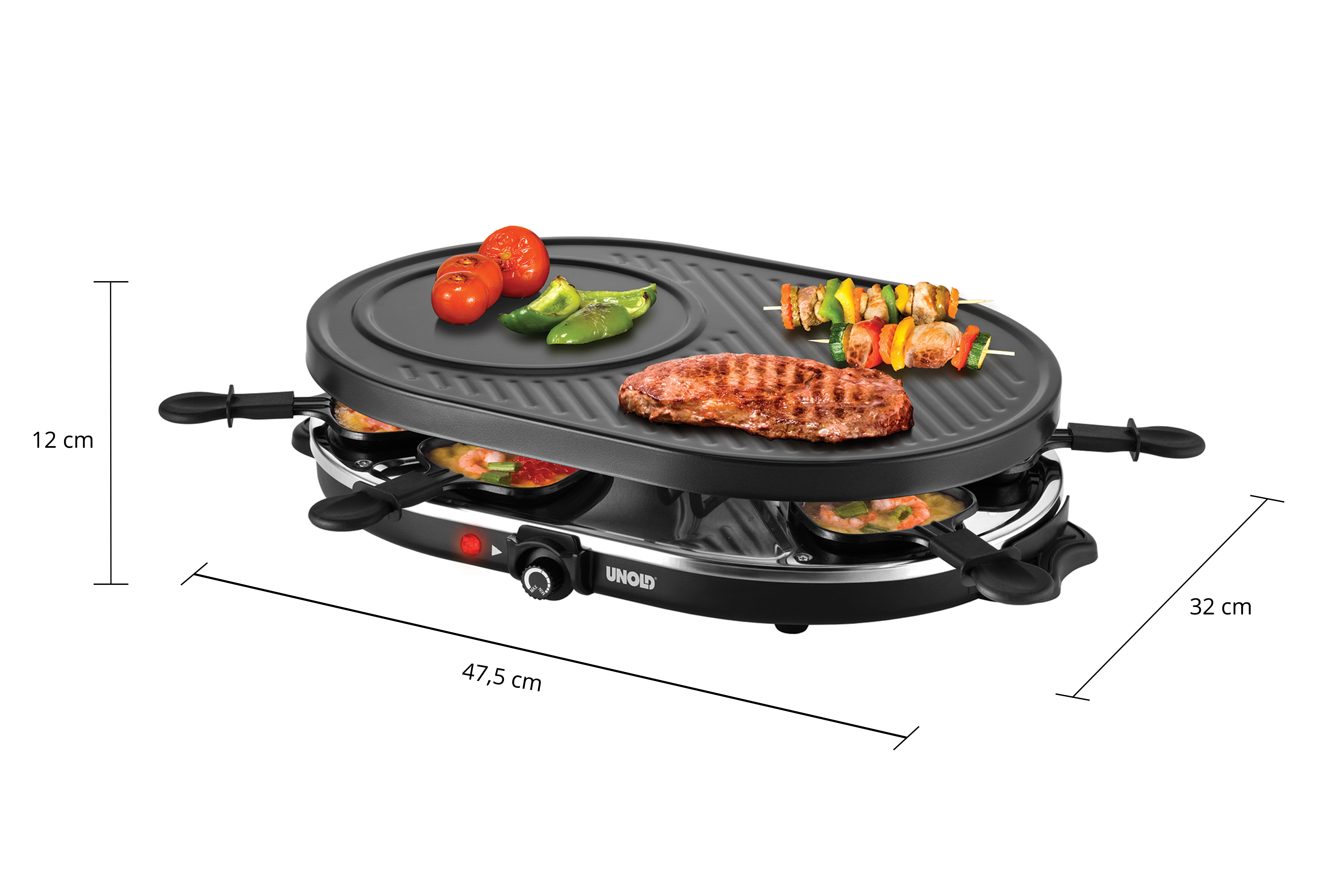 Ein schwarzer Unold Raclette-Grill mit Steak, Spießen, Tomaten, Paprika und Garnelen.