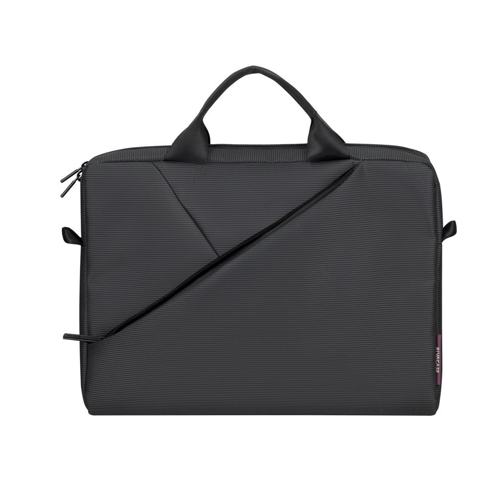 Ciemnoszara torba na laptopa z dwoma uchwytami i ukośnym zamkiem.