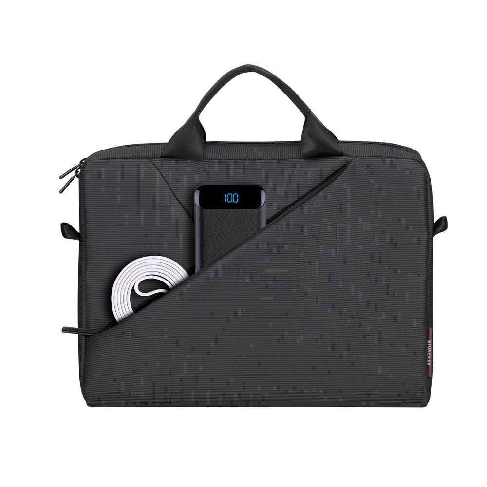 Ciemnoszara torba na laptop z powerbankiem (100%) i białym kablem.