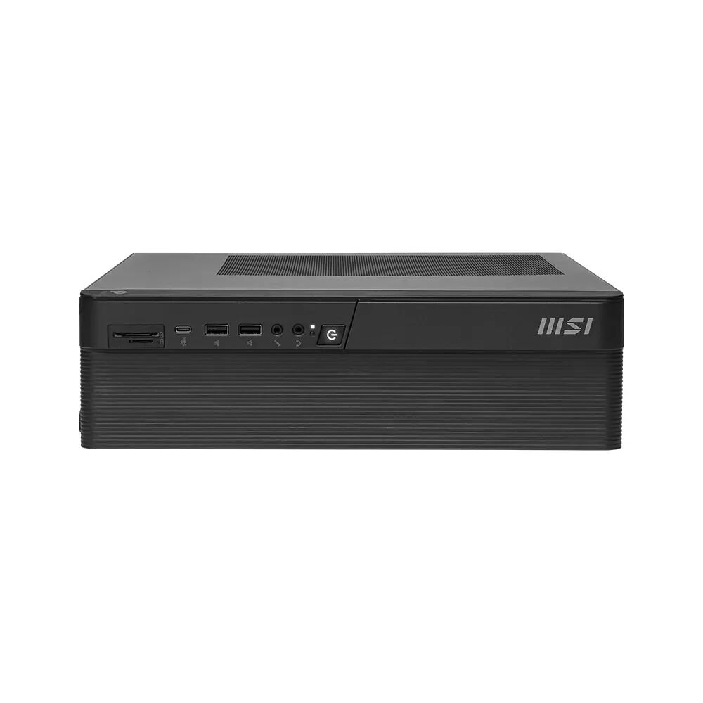 Mini PC nero con porte e pulsante di accensione sul pannello frontale.