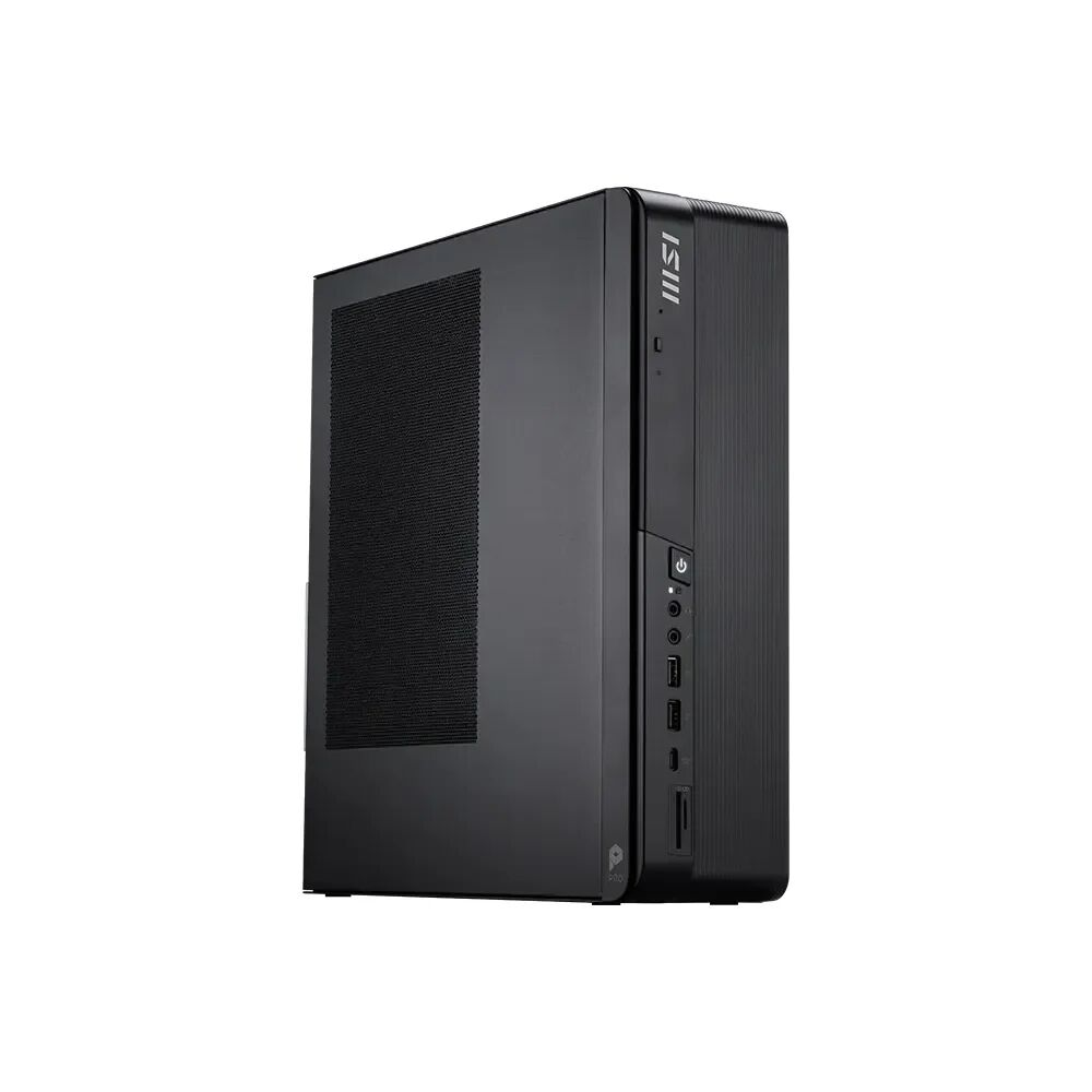 Un case nero e sottile per computer desktop con pulsanti e porte argentate.