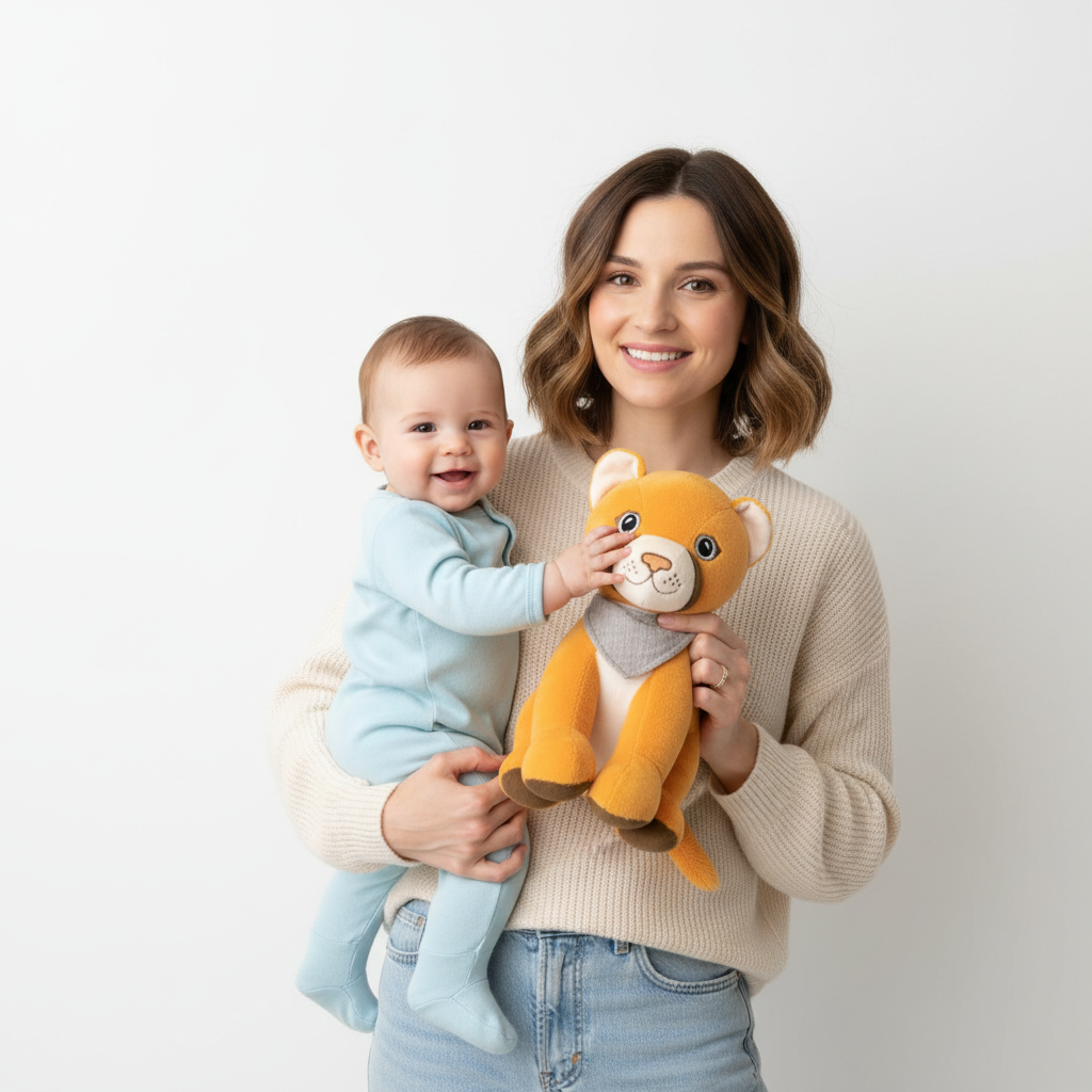 Eine Frau hält ein Baby und ein Stofftier. Das Baby trägt einen blauen Strampler.