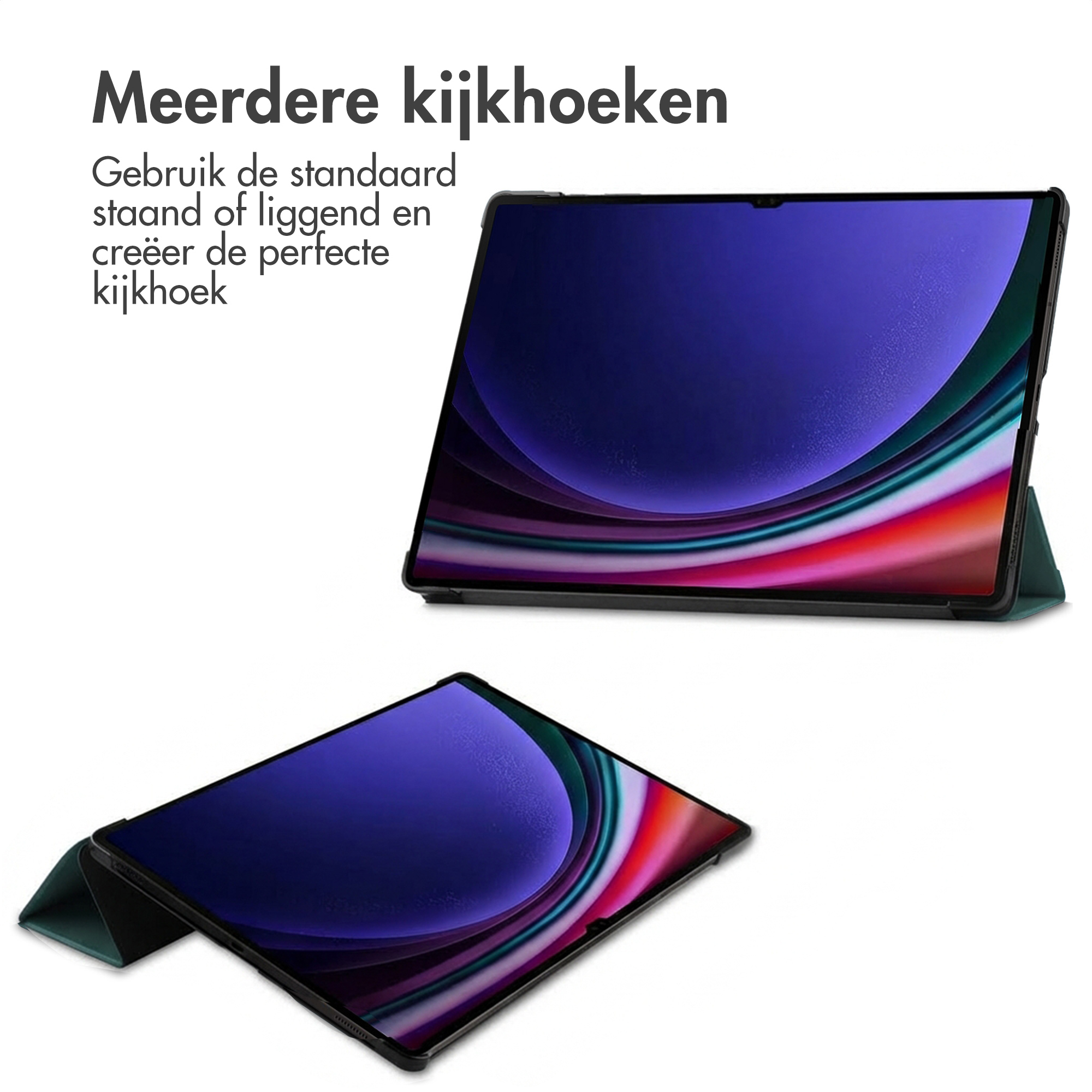 A tablet in a green stand, shown at multiple angles.
