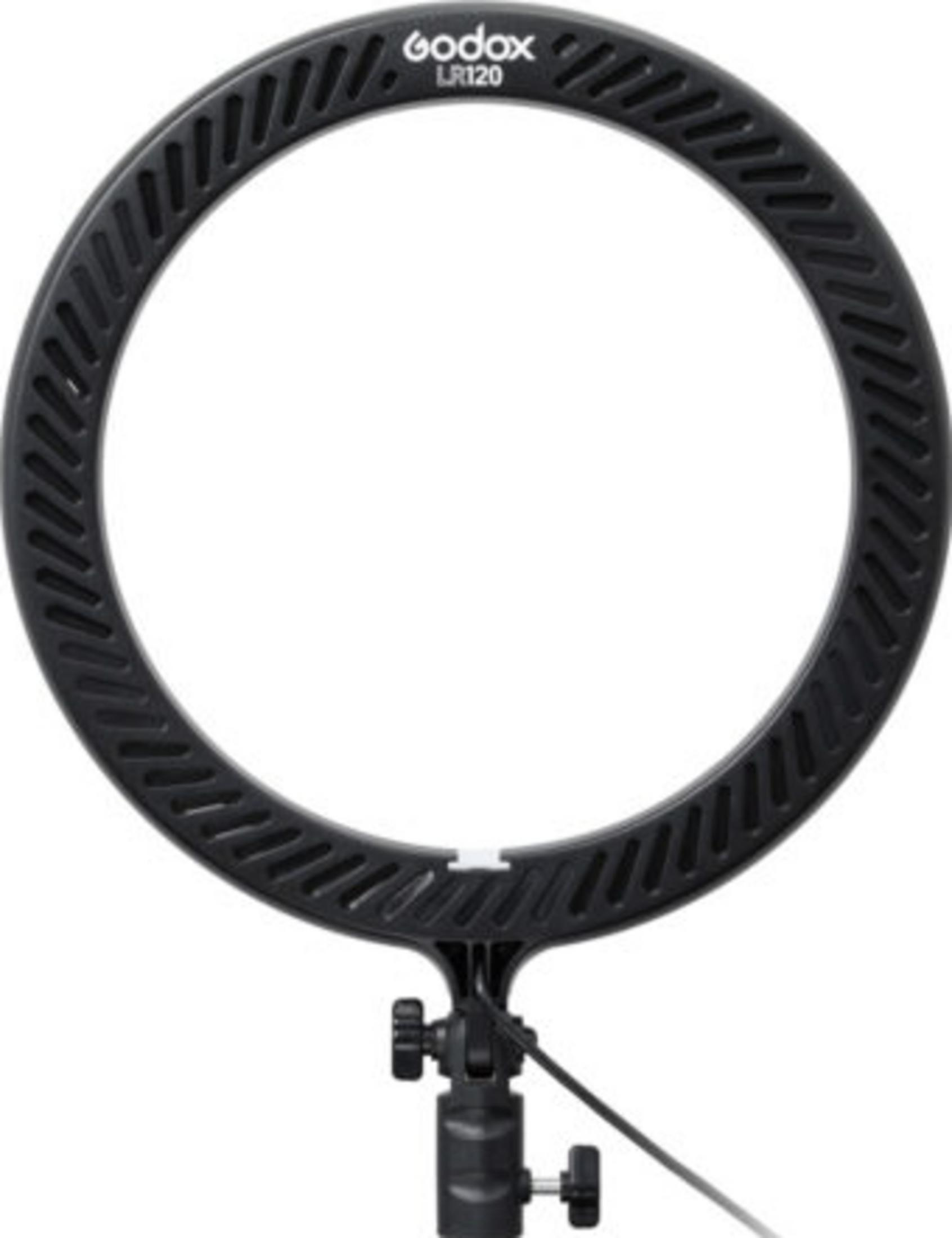 Schwarzer Ringlicht-Diffusor mit Godox LR120 Branding und Halterung.