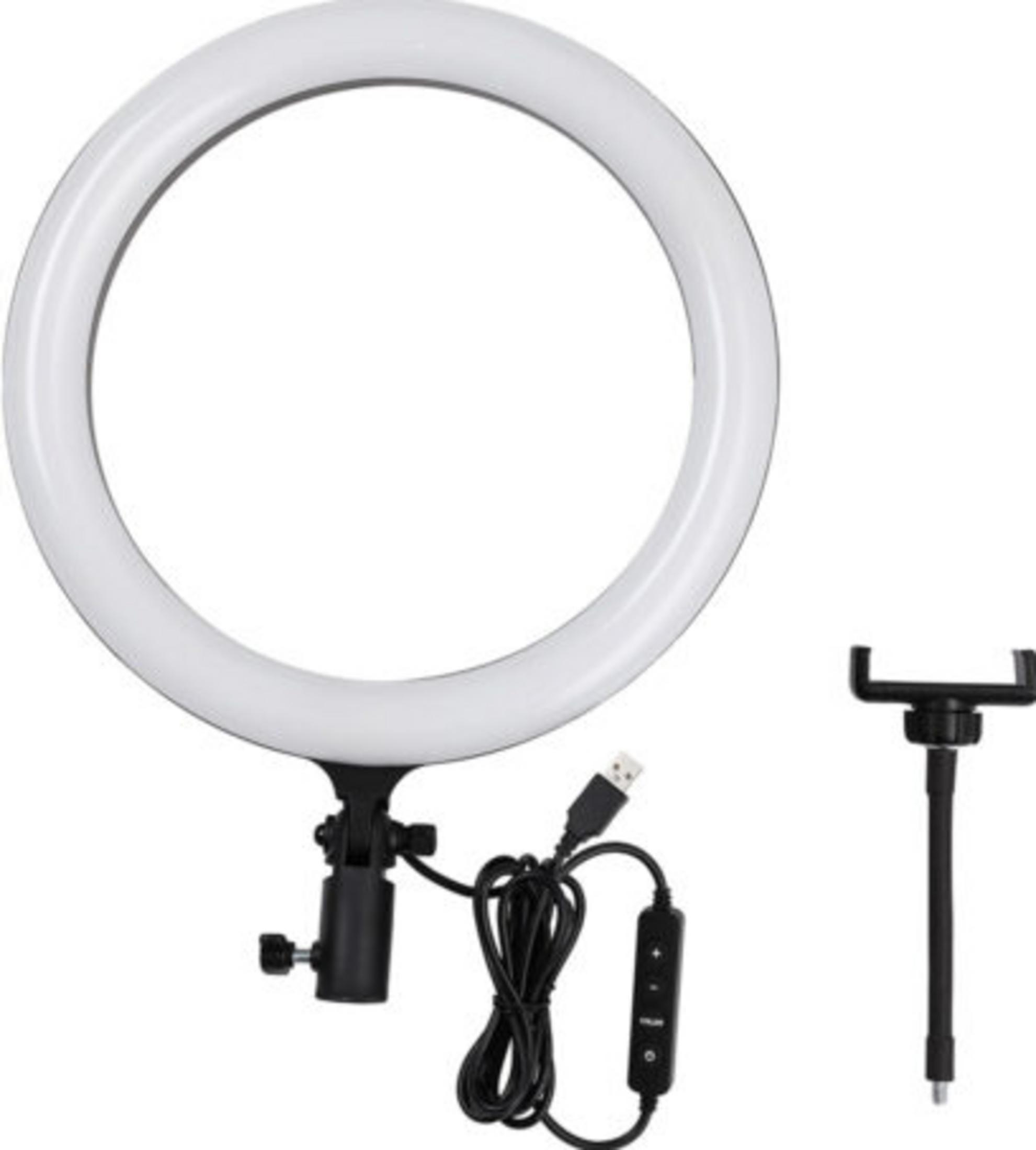 Ein weißer Ringlicht mit schwarzem Ständer, USB-Kabel und Handyhalterung.